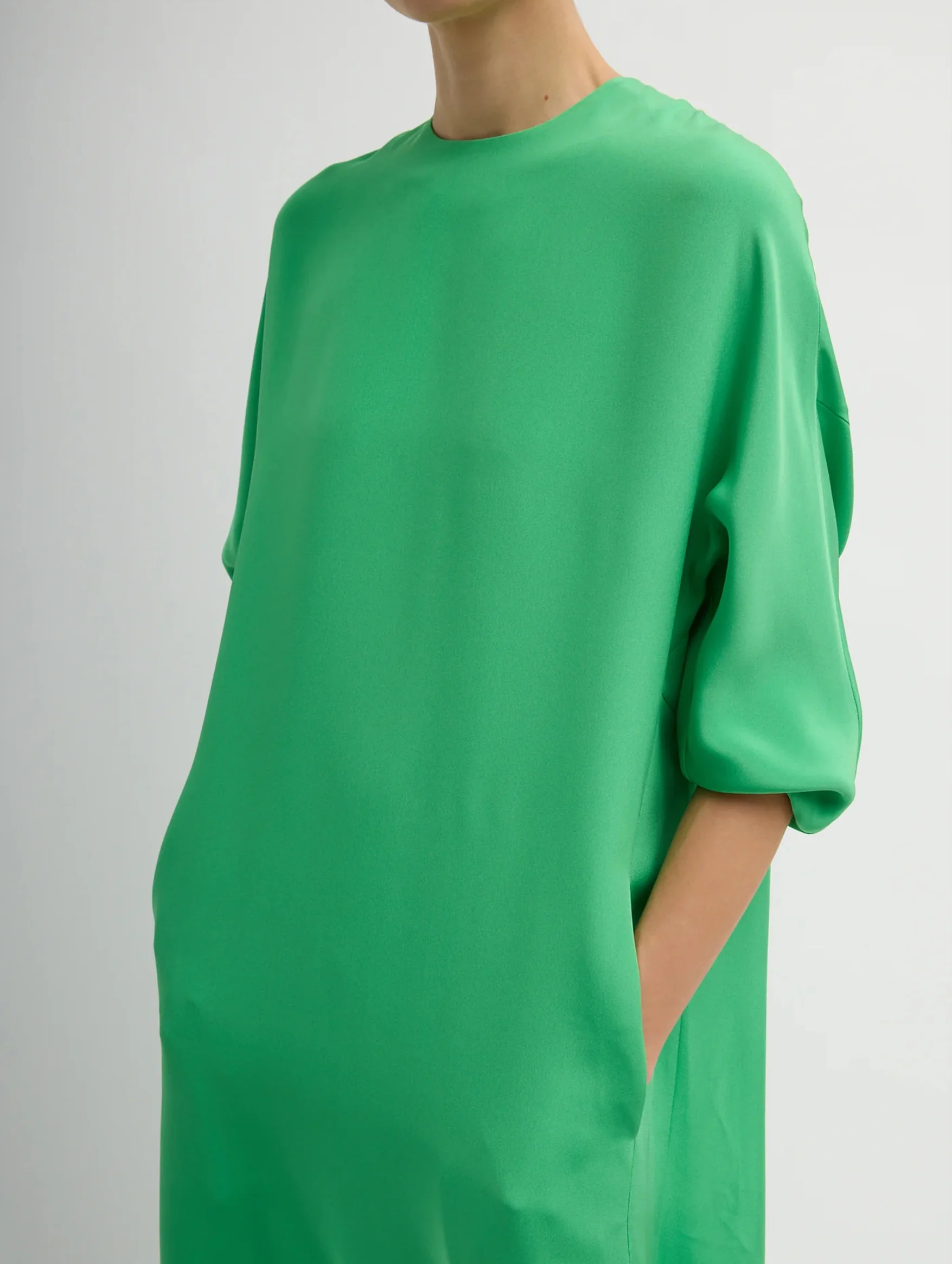 4 Ply Silk Long Sleeve Cocoon Dress in Green - Image 3