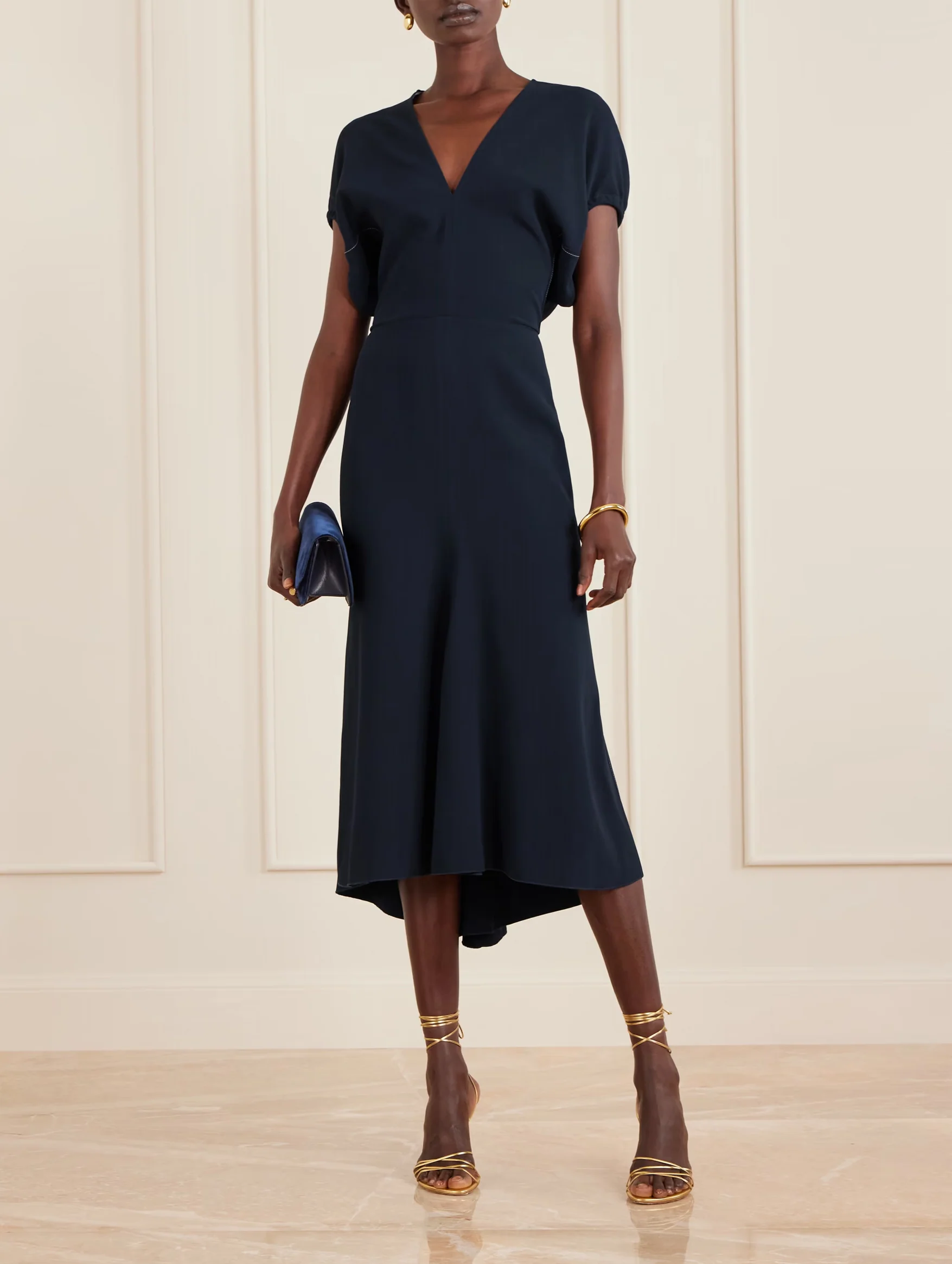 Blouson Detail Midi Dress in Navy - Image 2