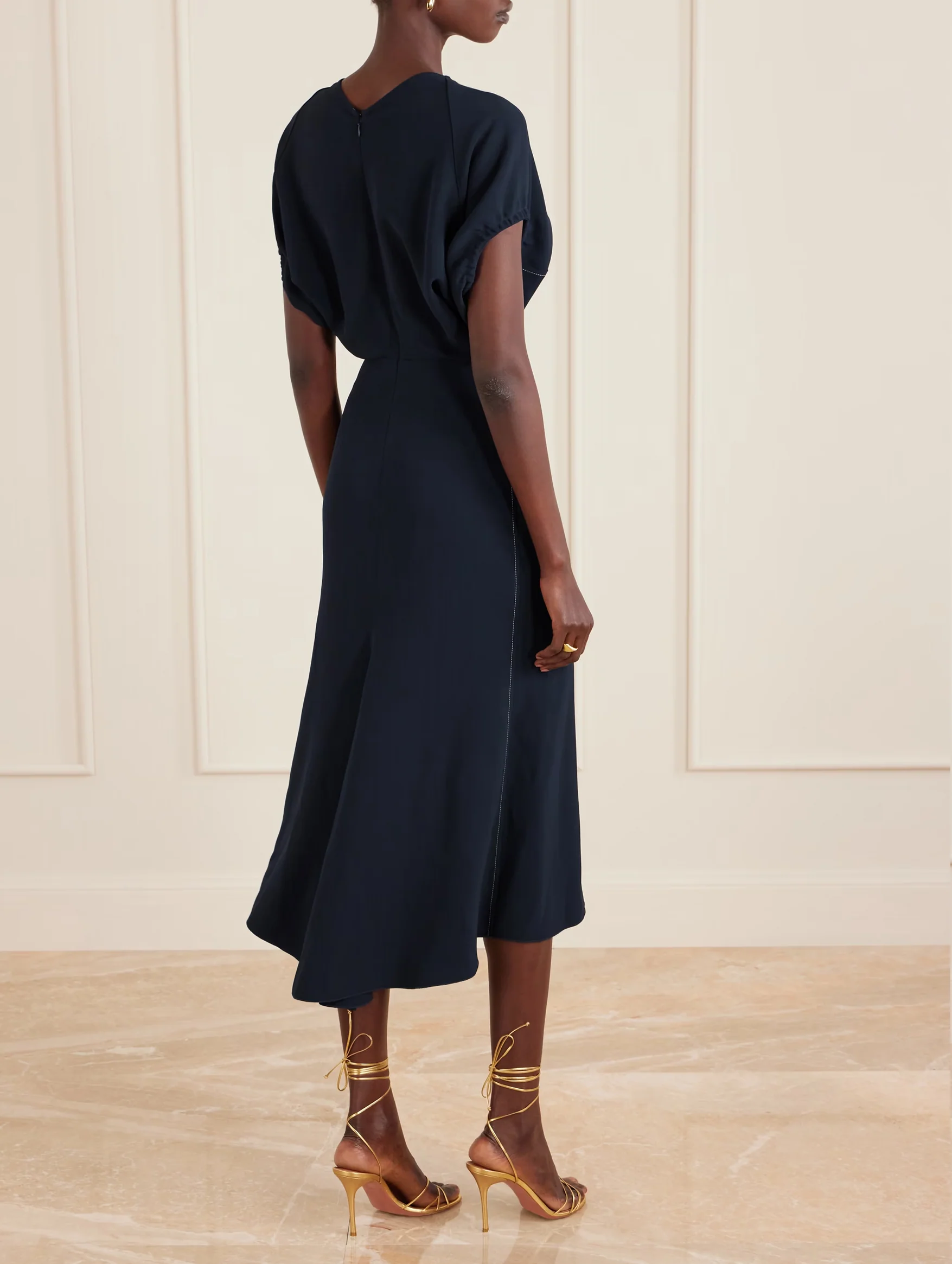 Blouson Detail Midi Dress in Navy - Image 3