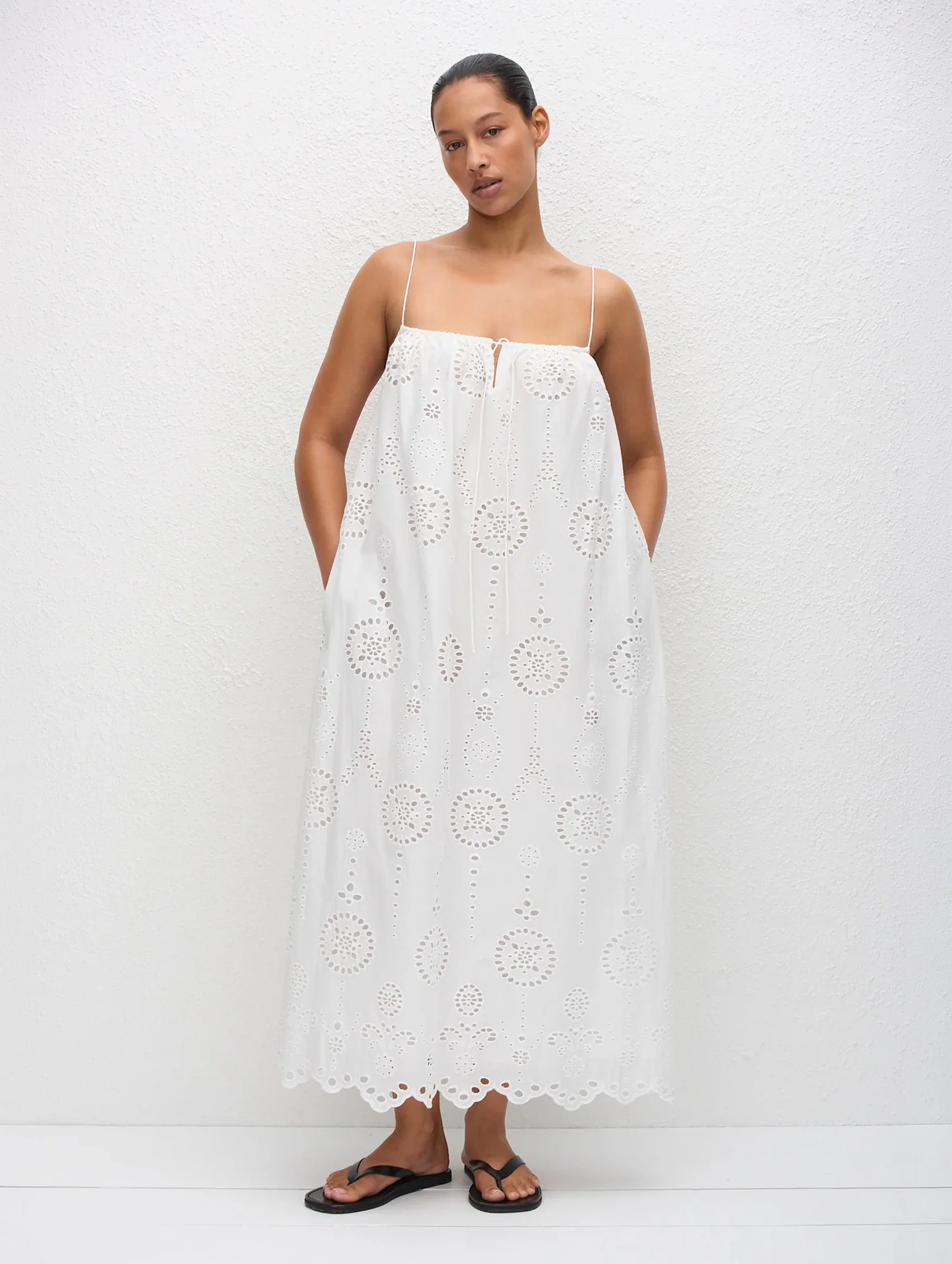 Broderie Cami Midi Dress in White
