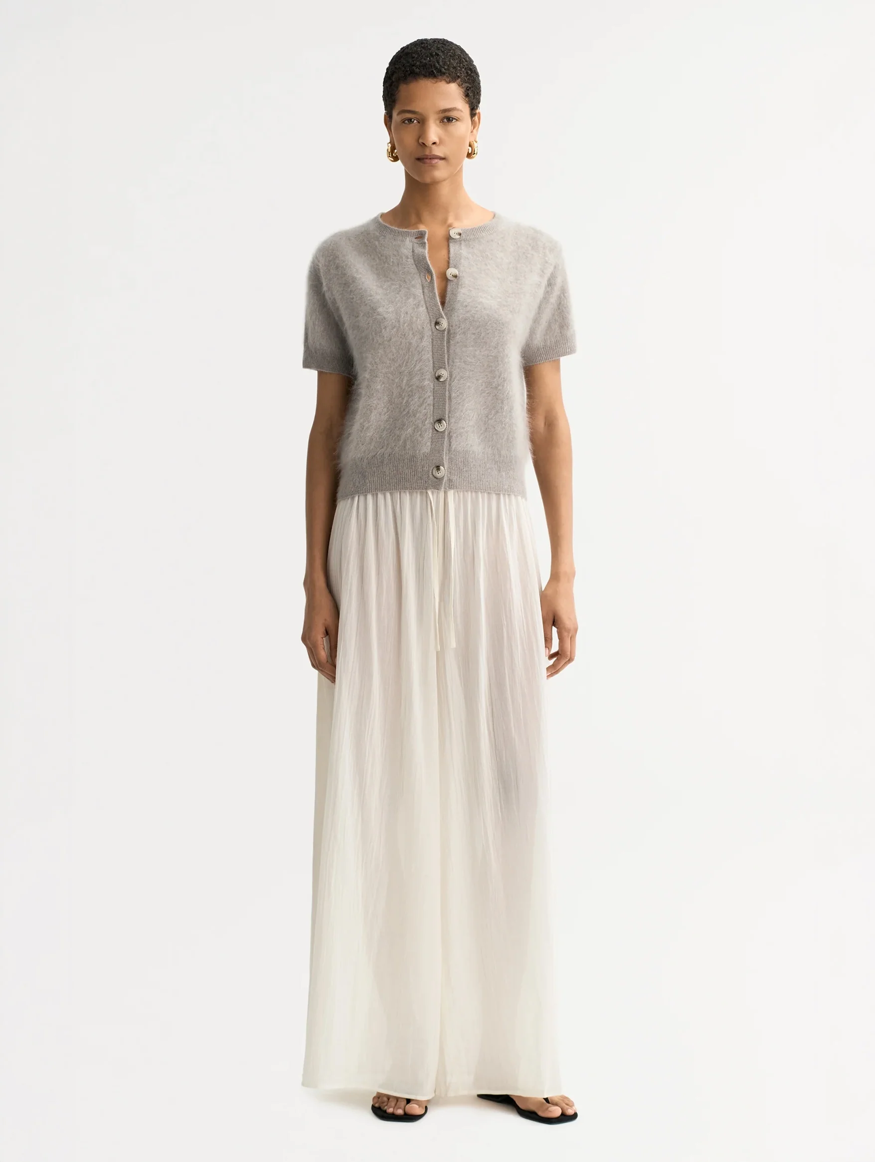 Brushed Cashmere Short Sleeve Cardigan in Greige - Image 2