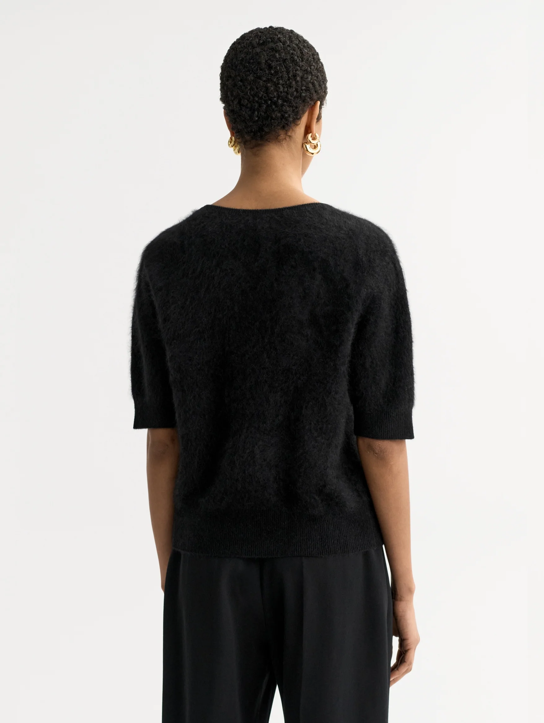 Brushed Cashmere V Neck T-shirt in Black - Image 3