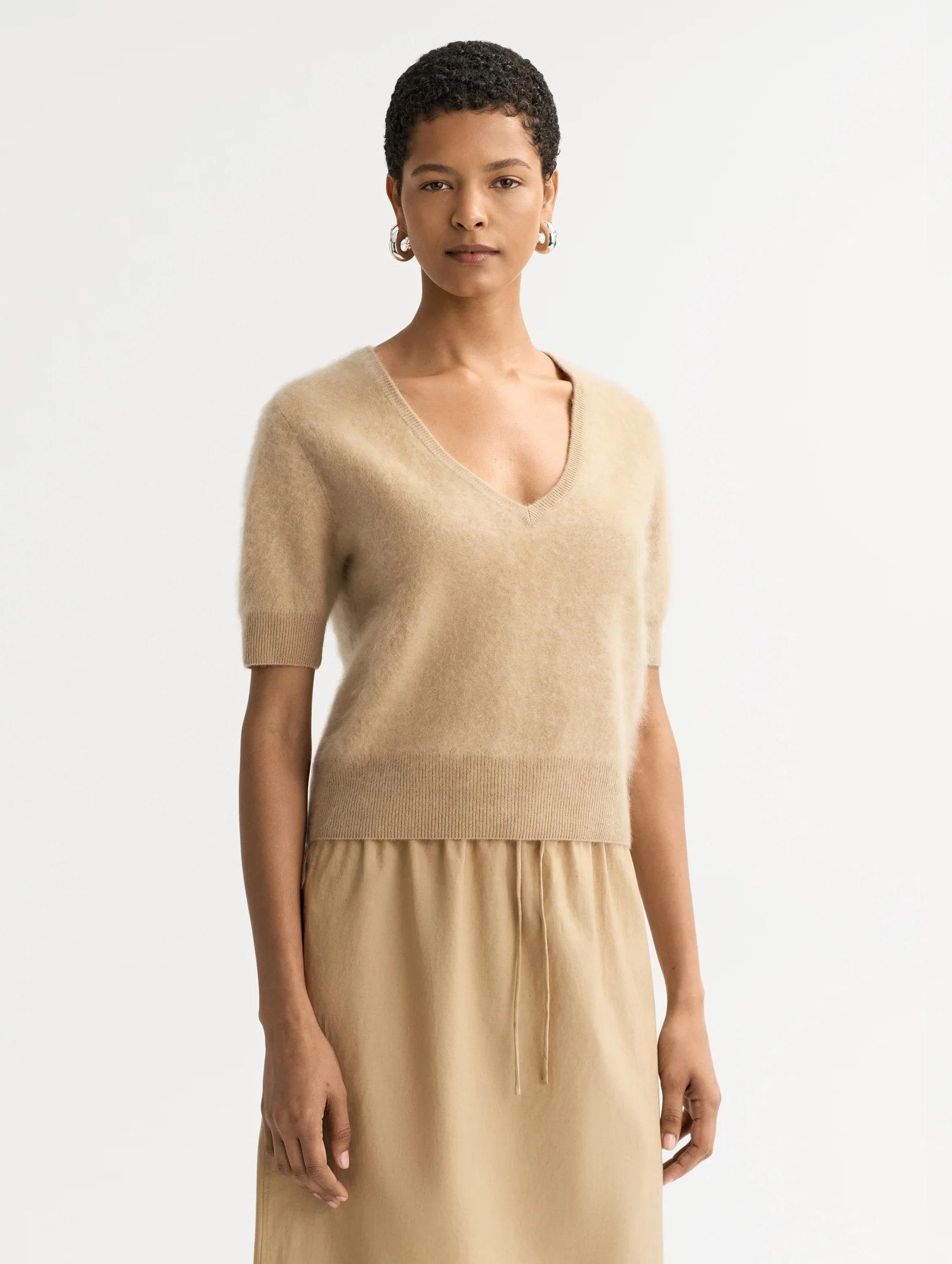 Brushed Cashmere V-neck T-shirt in Camel - Image 2