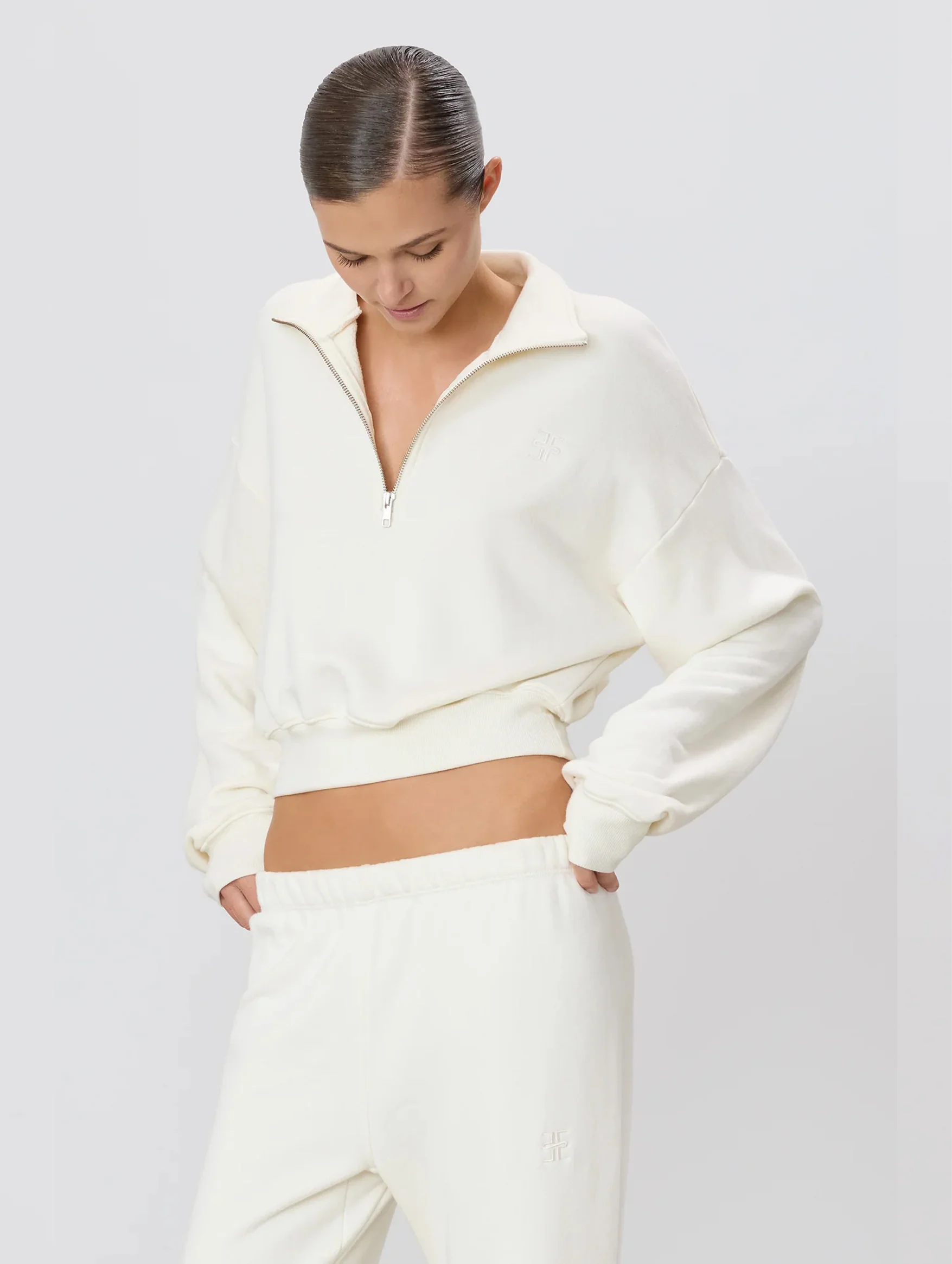 Cropped Half-Zip Sweatshirt in Cream - Image 3