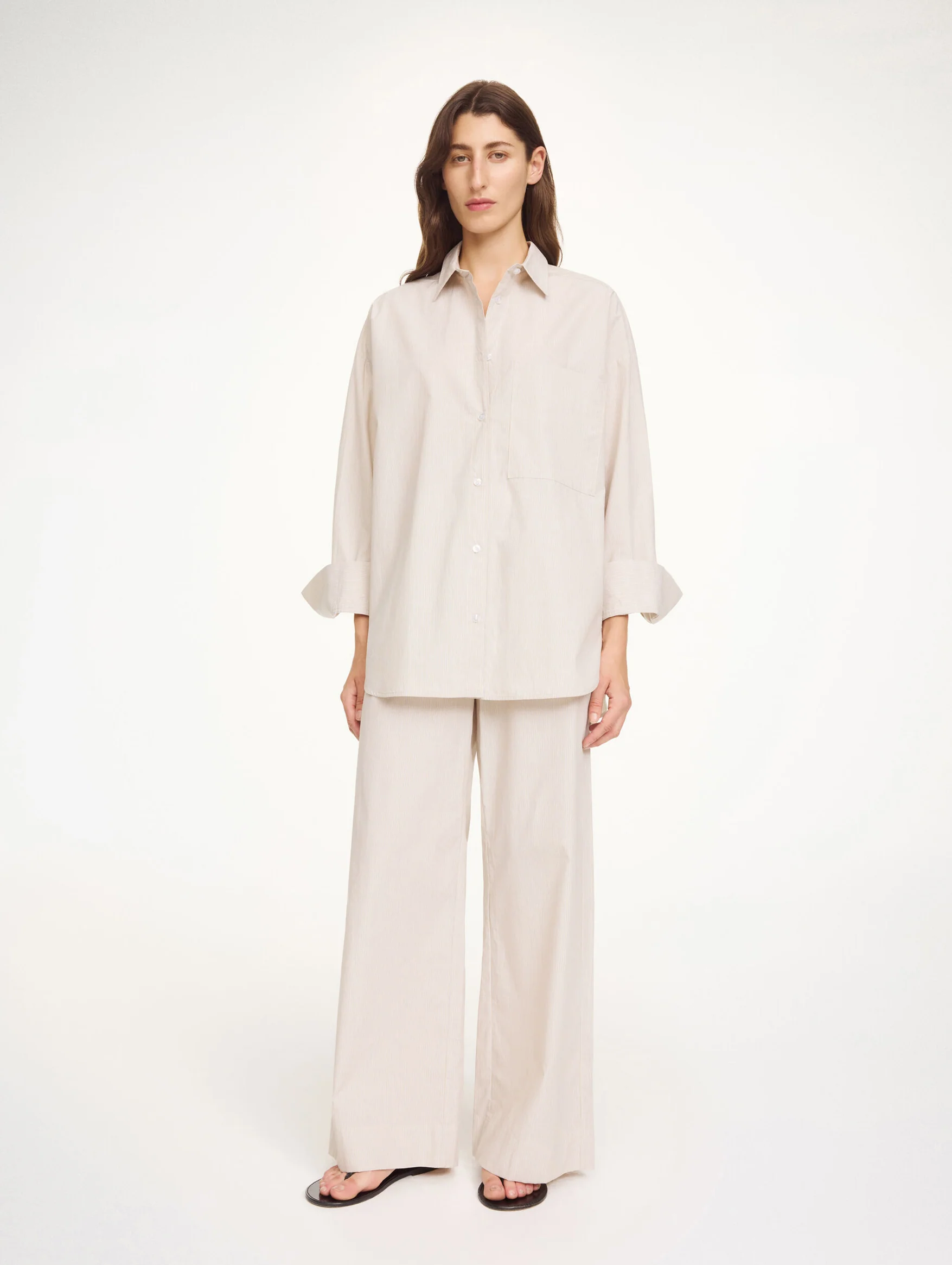 Derris Organic Cotton Shirt in Beige Thin Stripe - Image 2