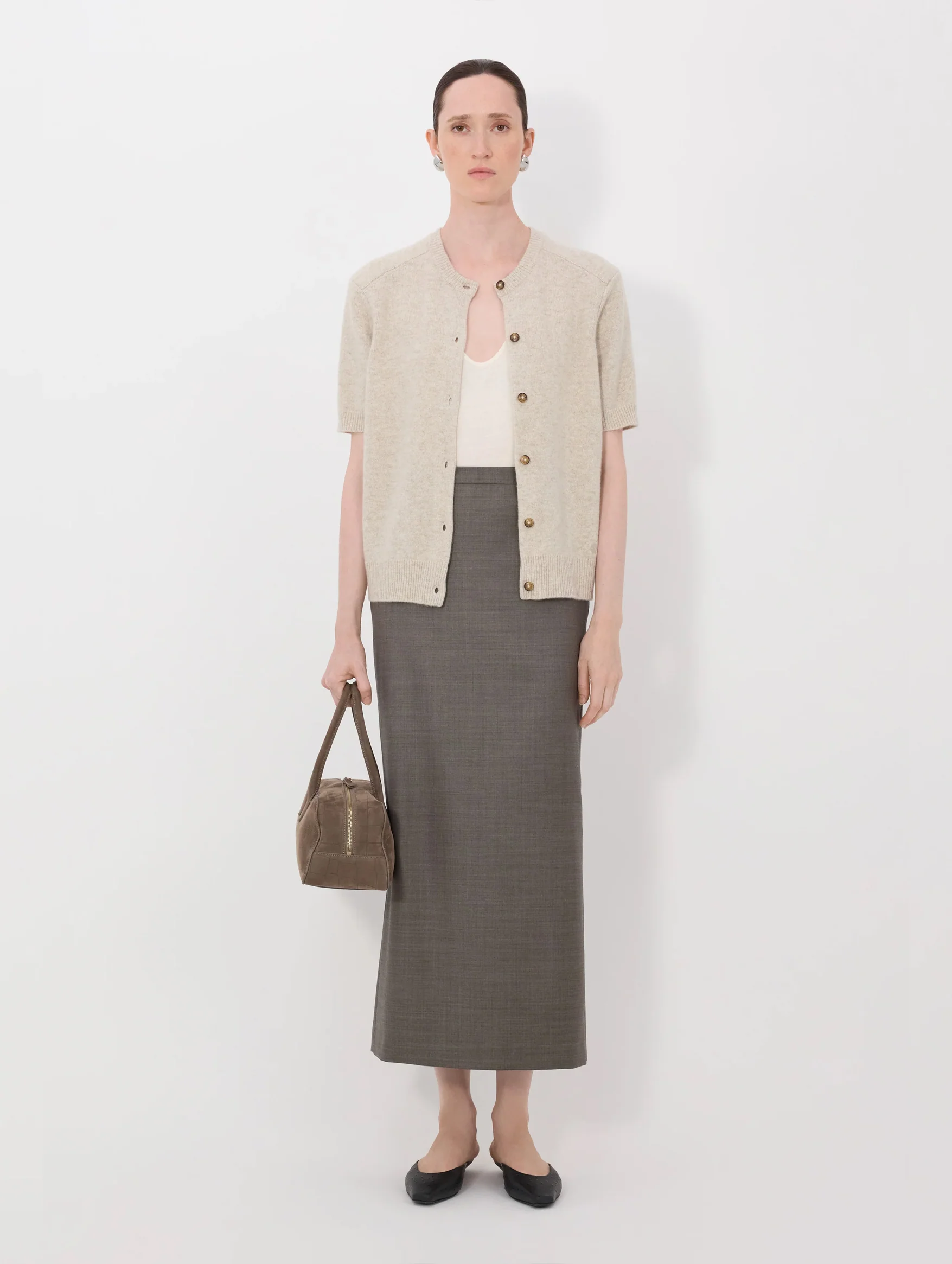 Jodi Cashmere Short Sleeve Cardigan in Beige Melange - Image 2