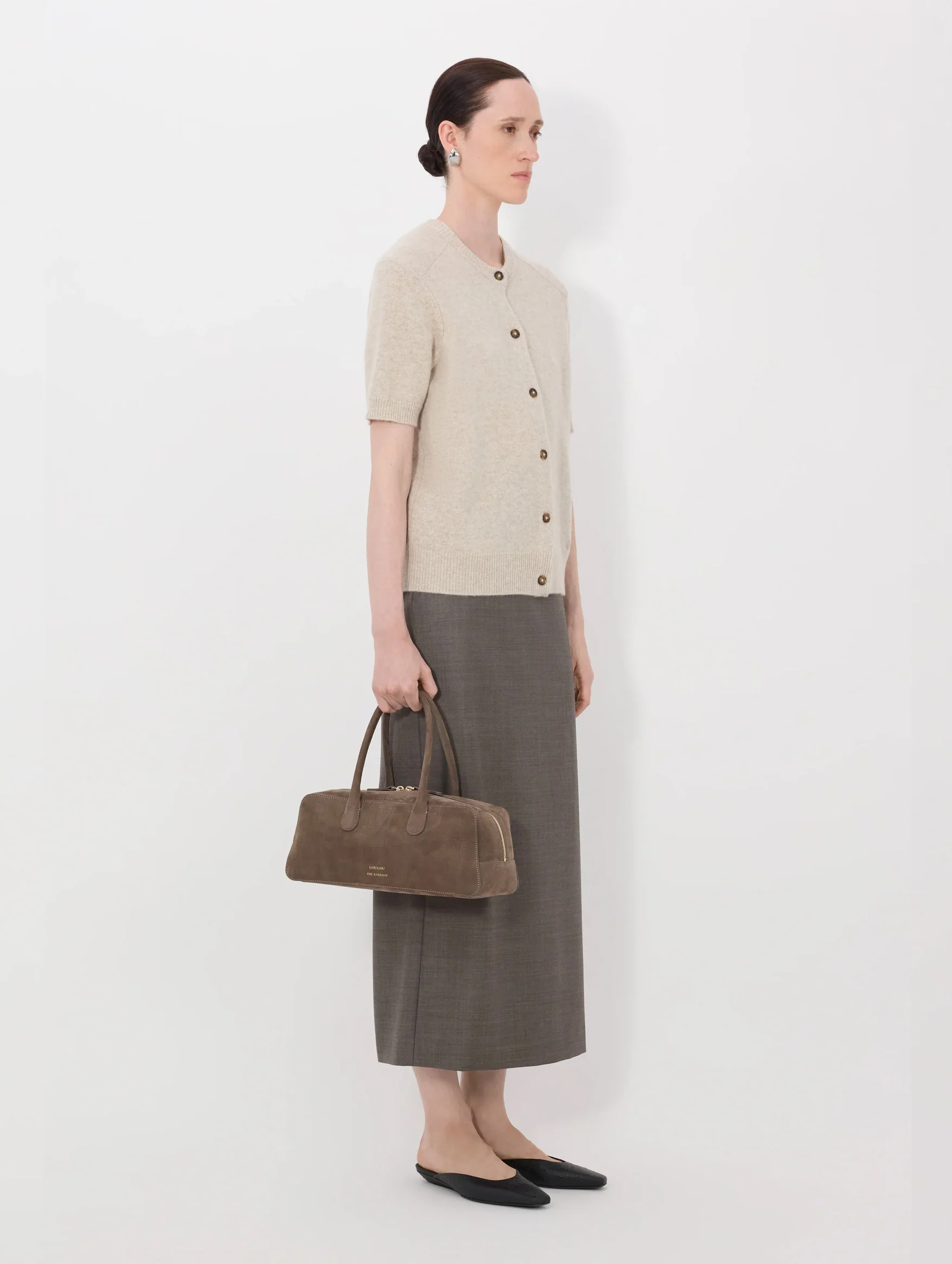 Jodi Cashmere Short Sleeve Cardigan in Beige Melange - Image 3