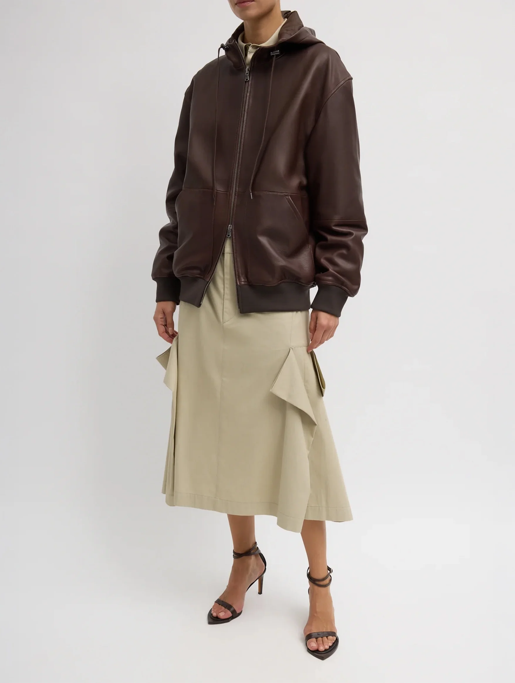 Leather Zip Up Hoodie Jacket in Brown