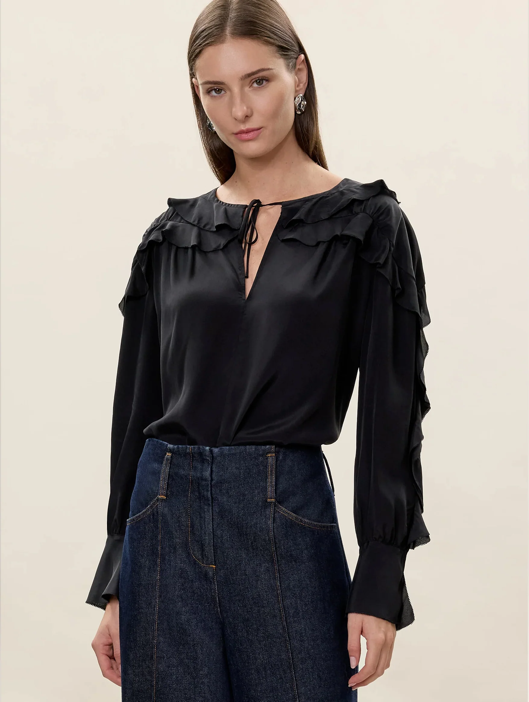 Lilith Ruffle Blouse in Black - Image 2