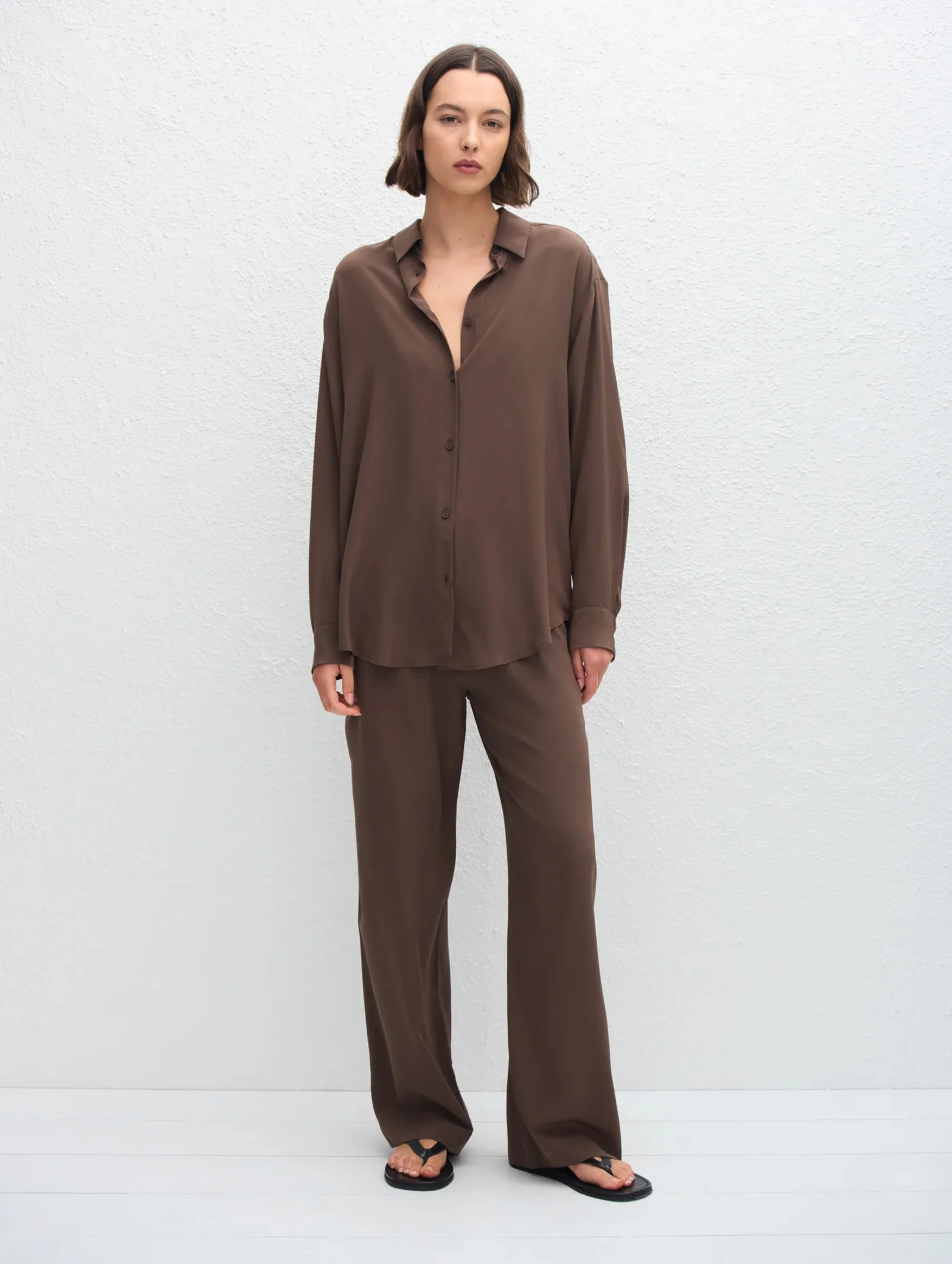 Long Sleeve Silk Shirt in Truffle - Image 2