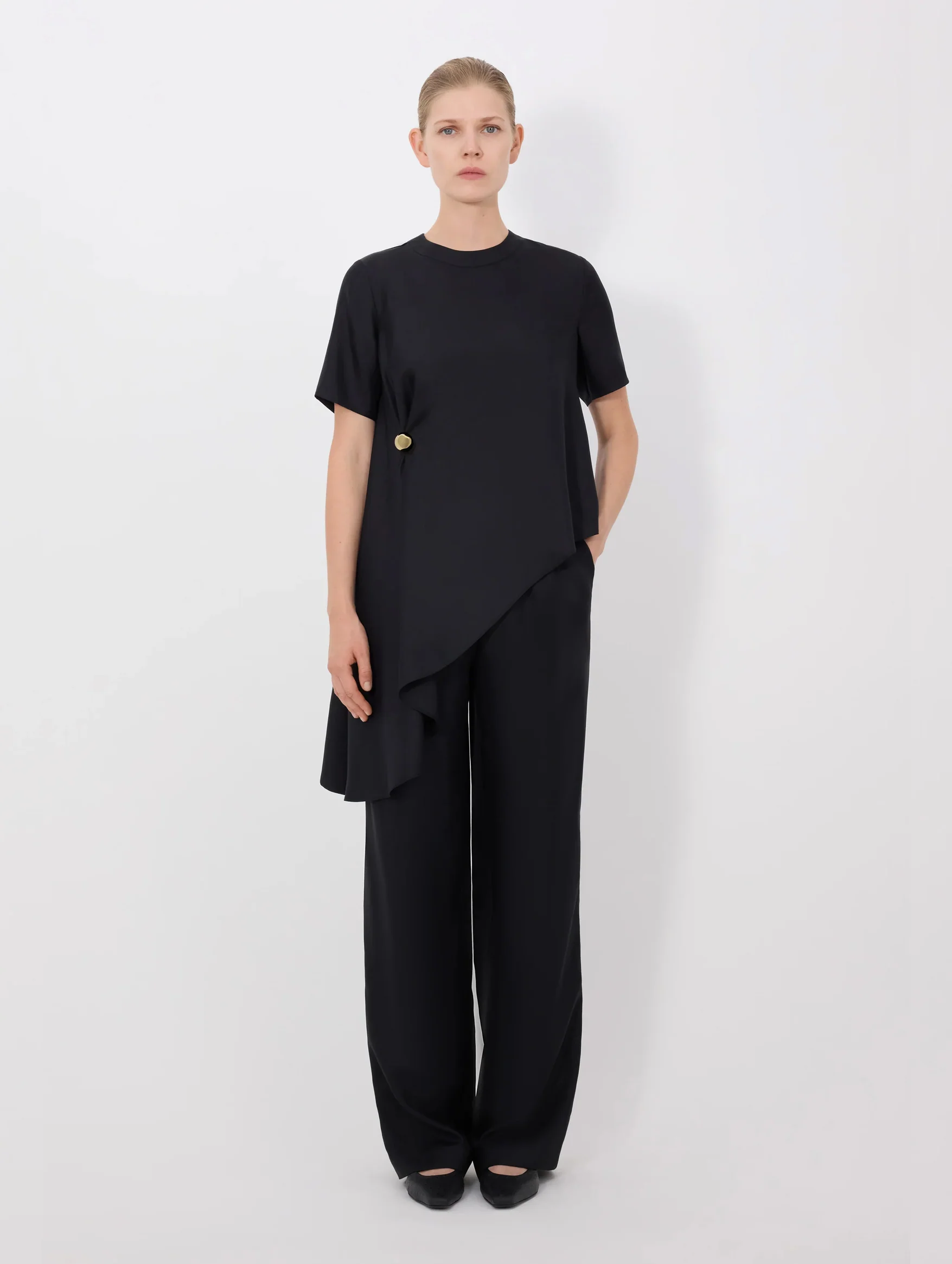 Madea Silk Draped Asymmetric Top in Black - Image 2