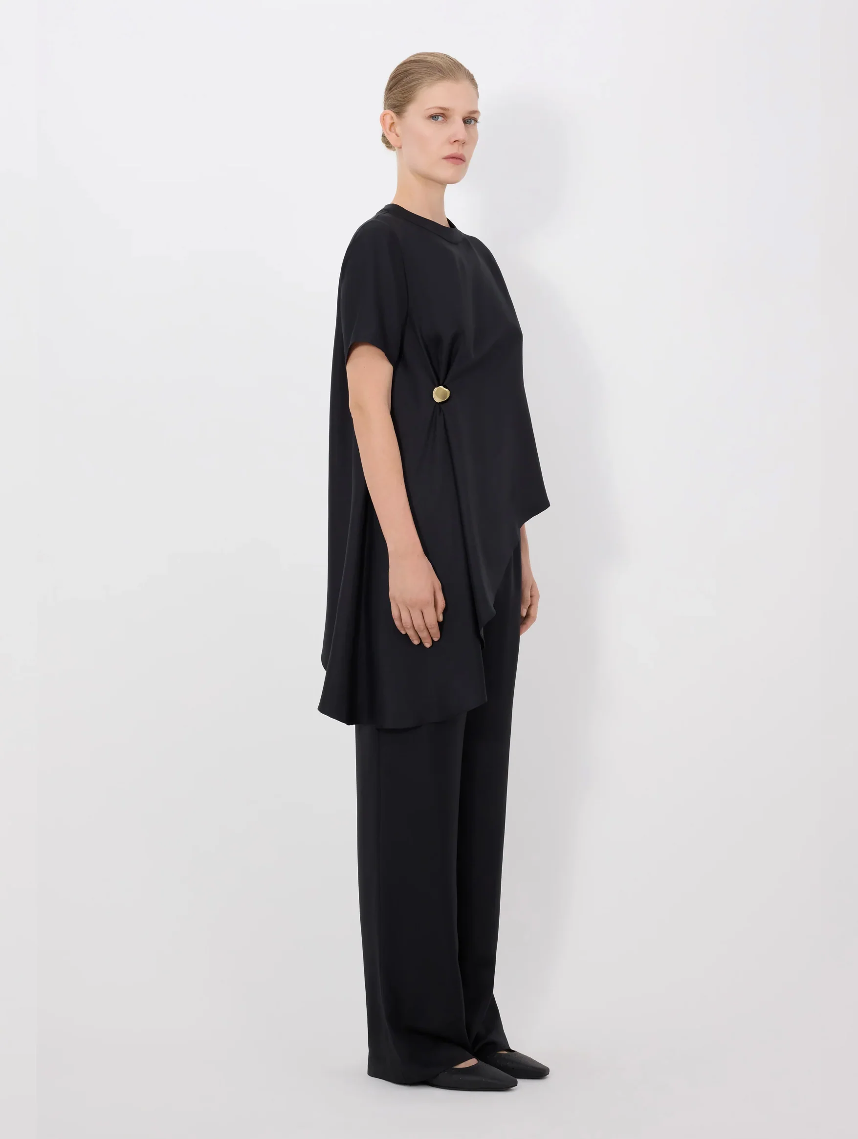 Madea Silk Draped Asymmetric Top in Black - Image 3