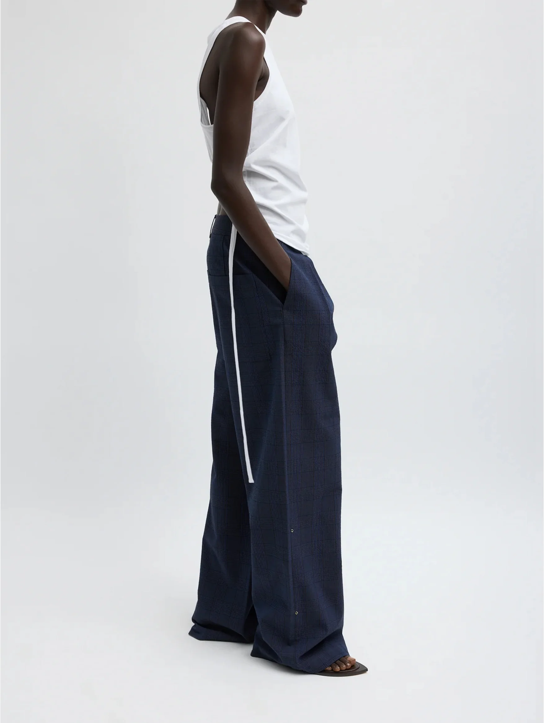 Menswear Crepon Stella Full Length Pant in Navy Multi Plaid - Image 2