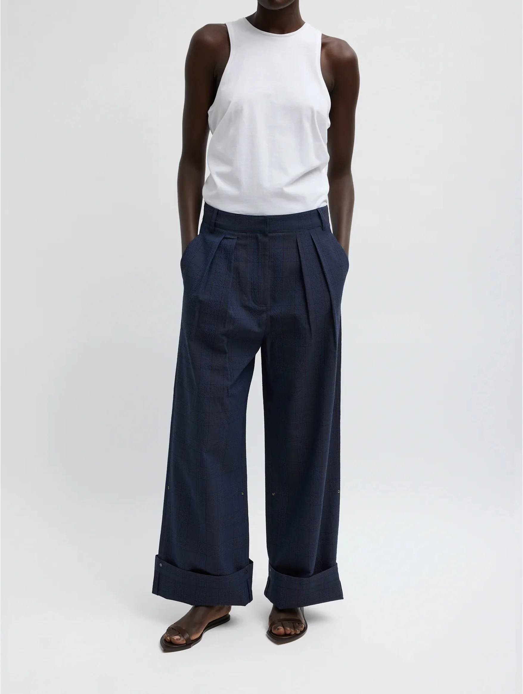 Menswear Crepon Stella Full Length Pant in Navy Multi Plaid - Image 4