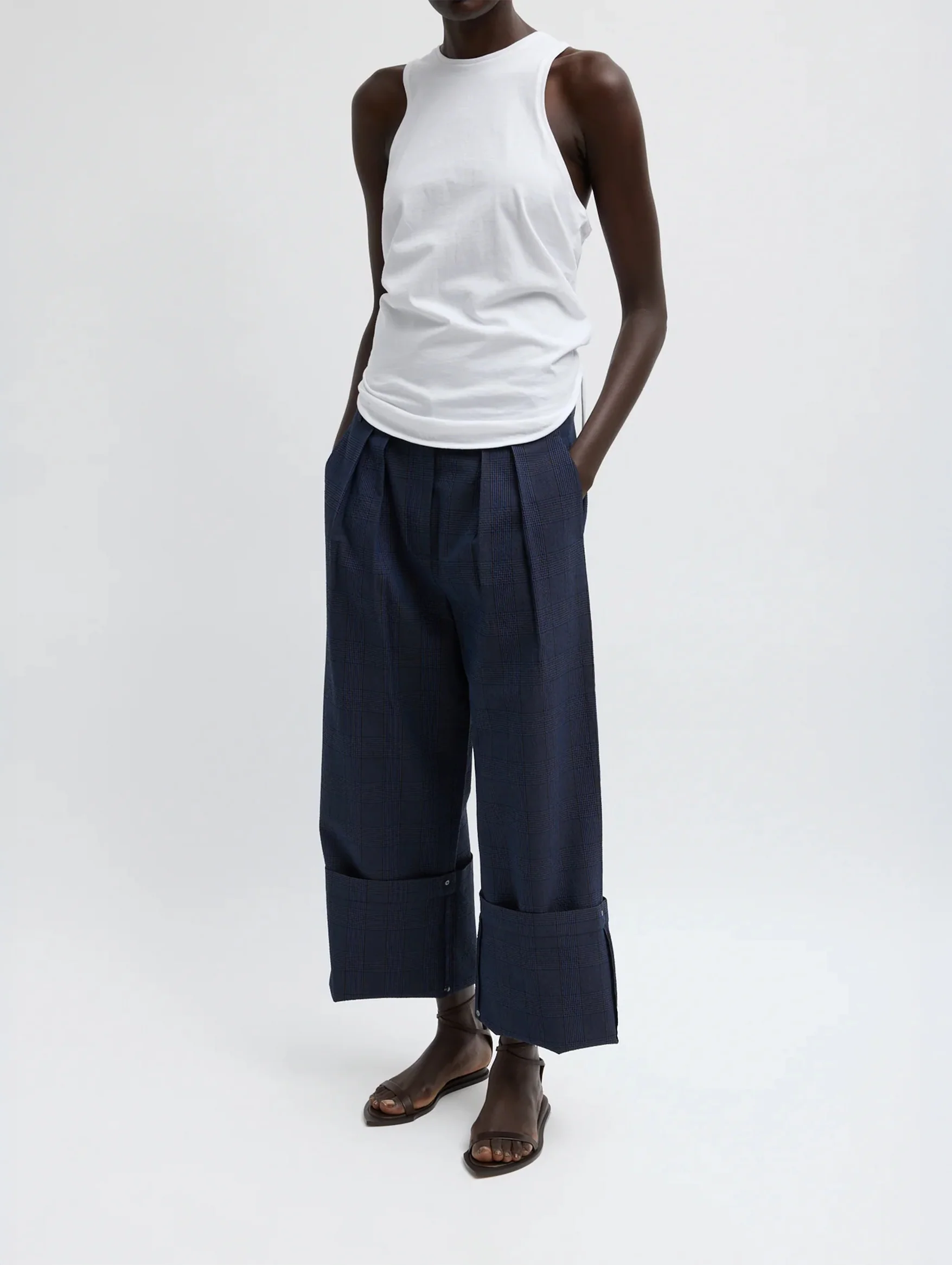 Menswear Crepon Stella Full Length Pant in Navy Multi Plaid - Image 5