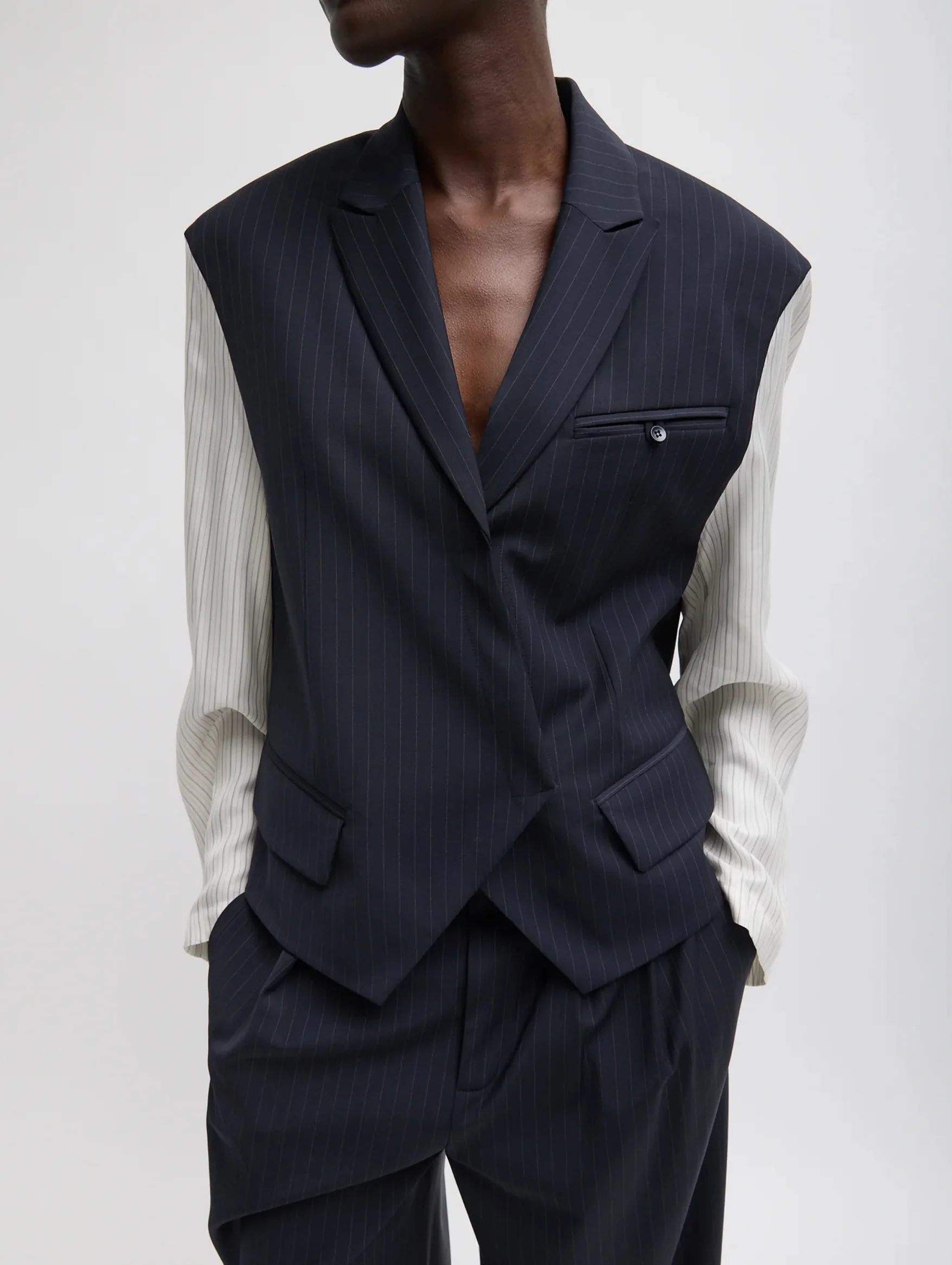 Mier Pinstripe Blazer with Combo Sleeves in Navy - Image 2