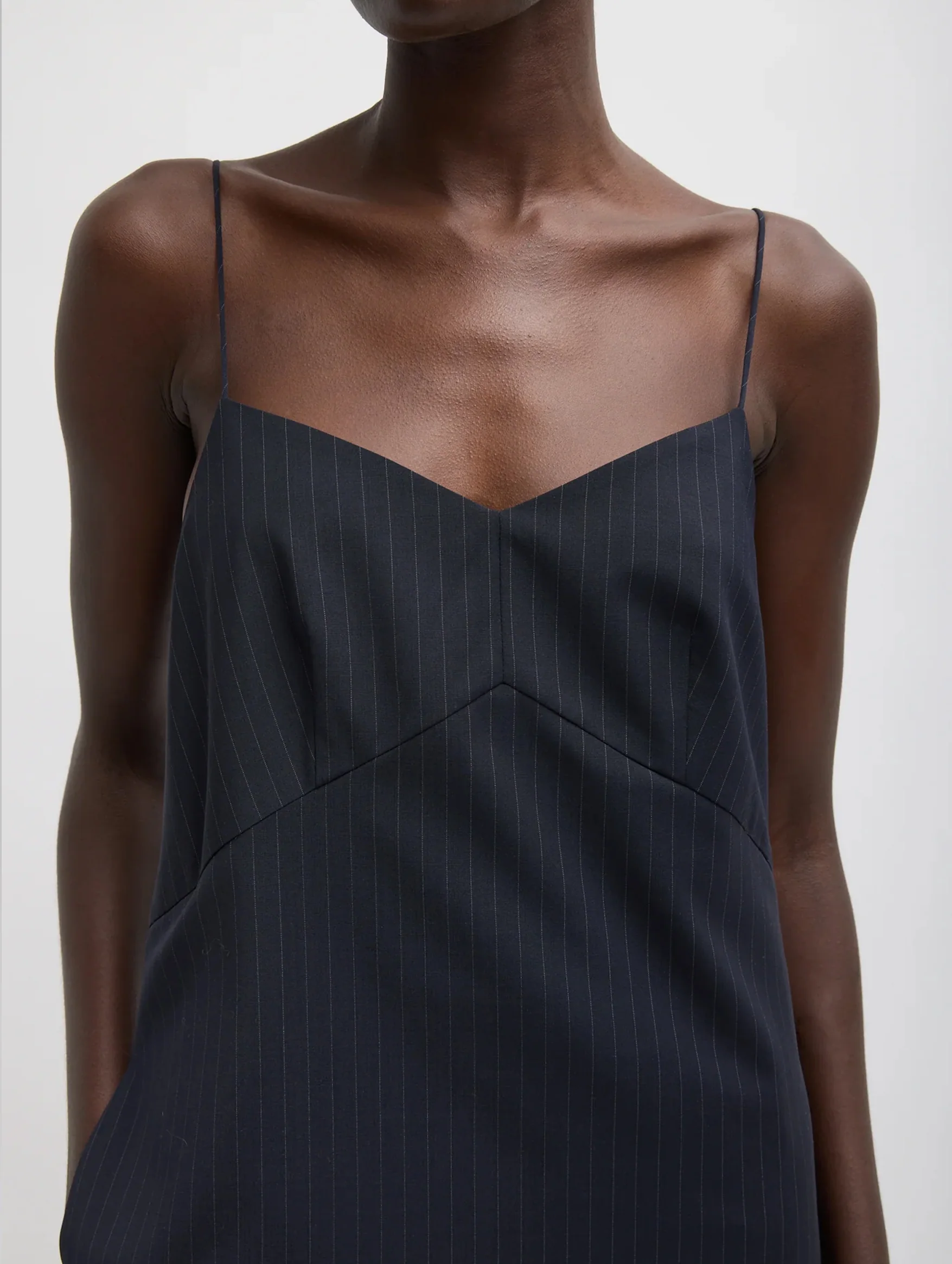 Mier Pinstripe Convertible Slip Dress in Navy - Image 6