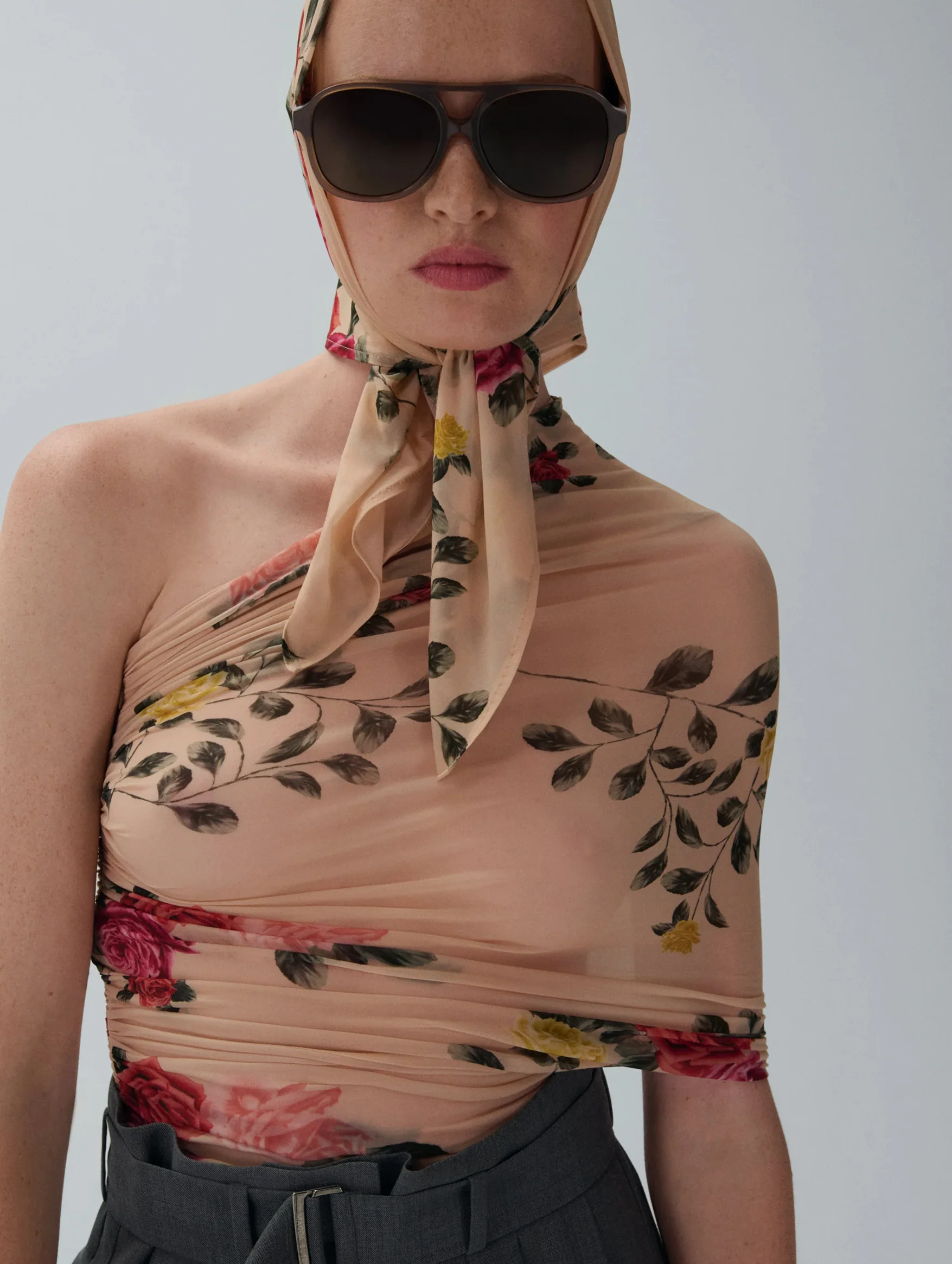 One-shoulder Wrap Top in Beige Print - Image 2