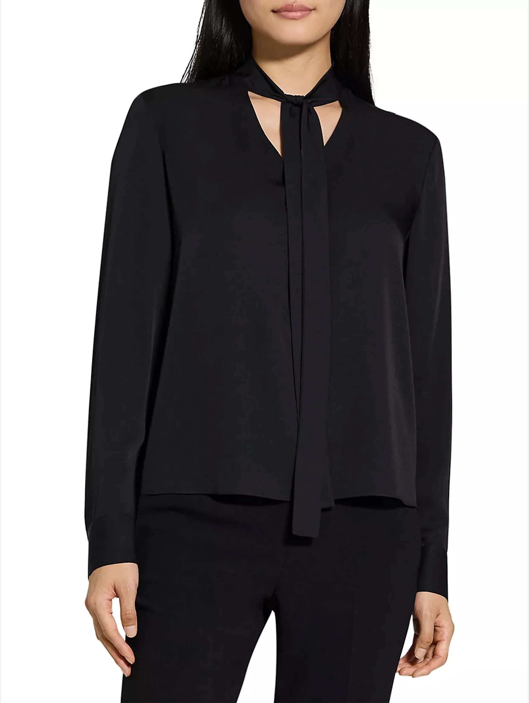 Open Tie Neck Silk Blouse in Black - Image 3