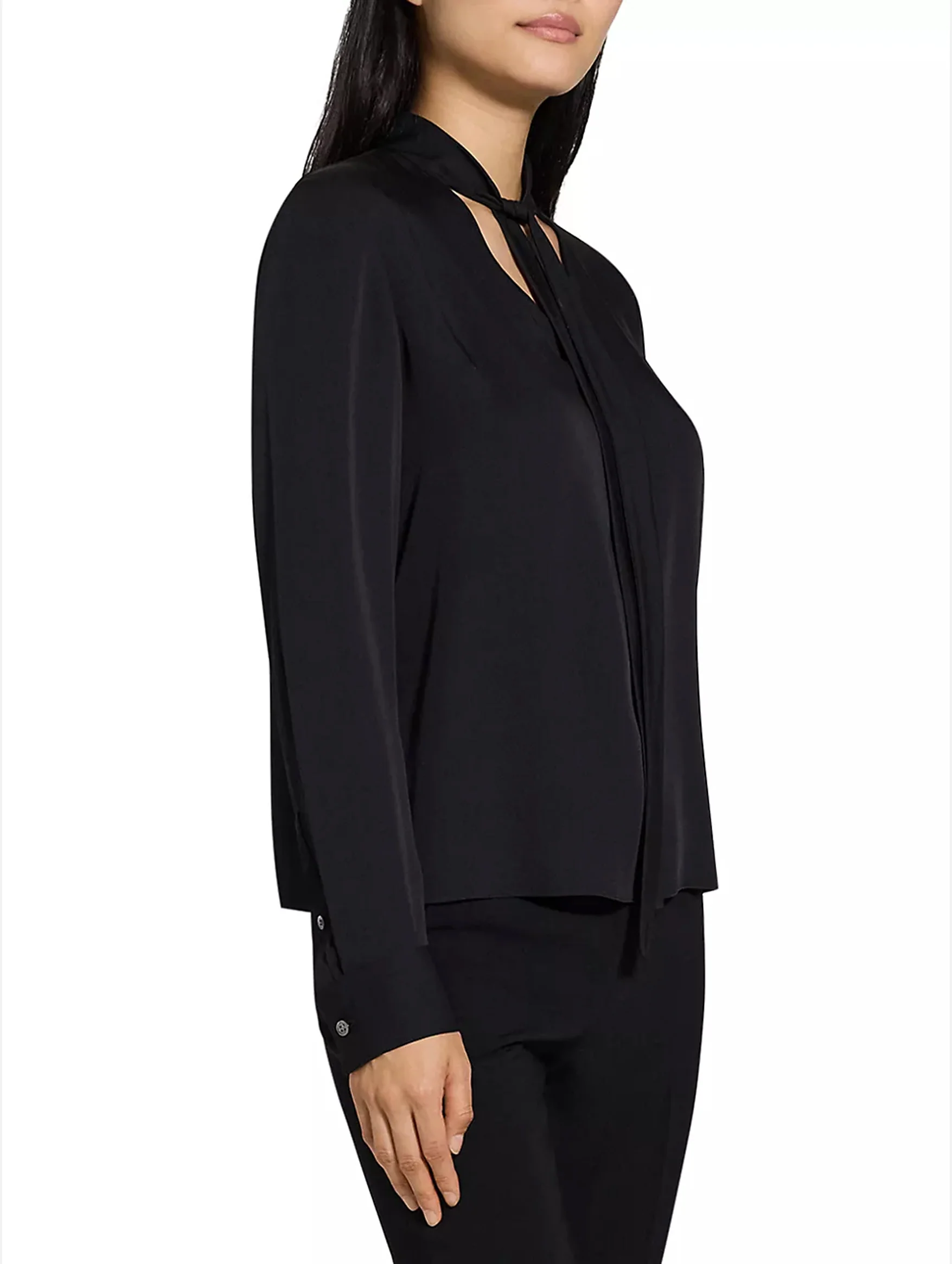 Open Tie Neck Silk Blouse in Black - Image 4