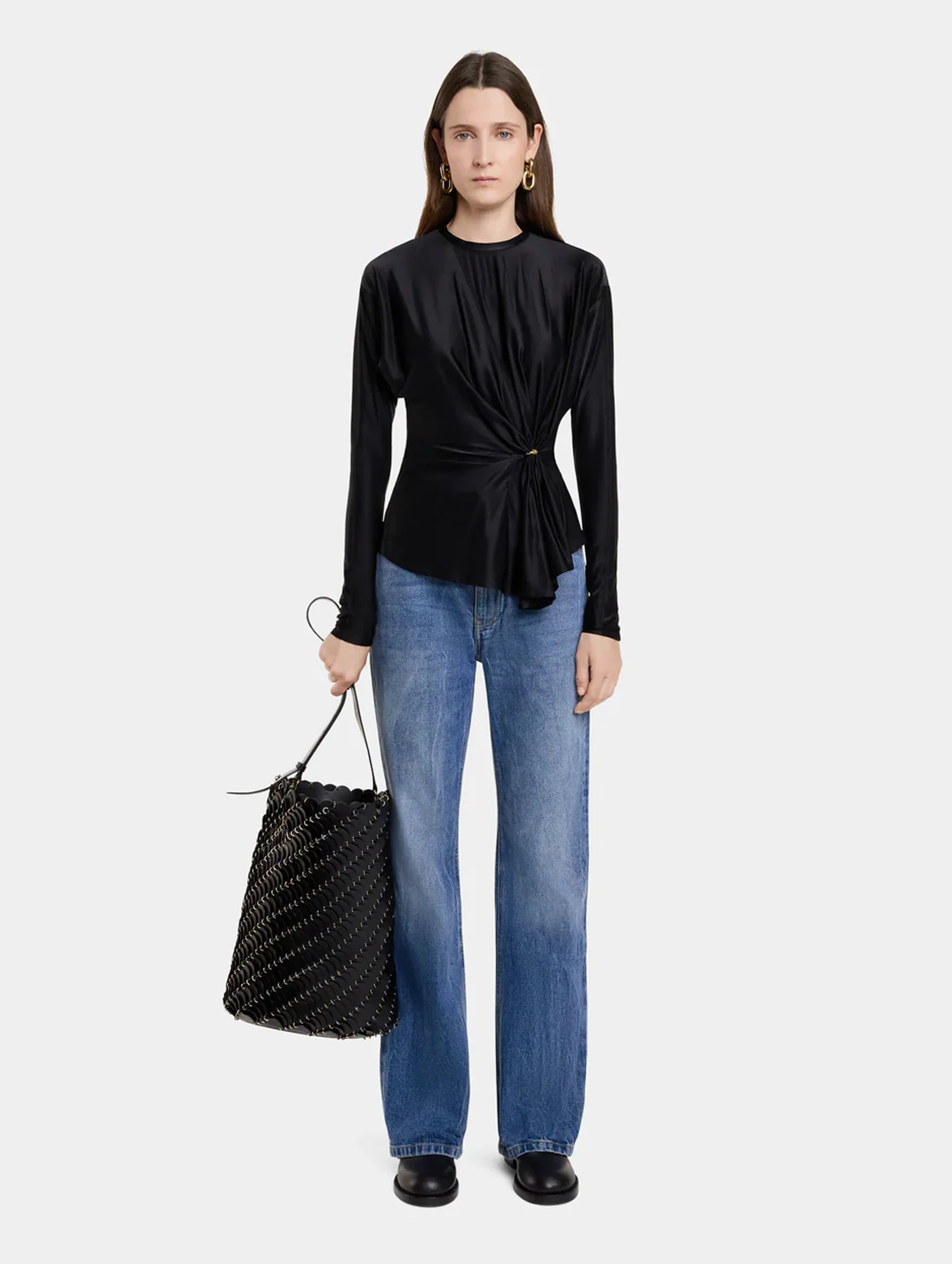 Paco Large Leather Bucket Bag in Black - Image 2