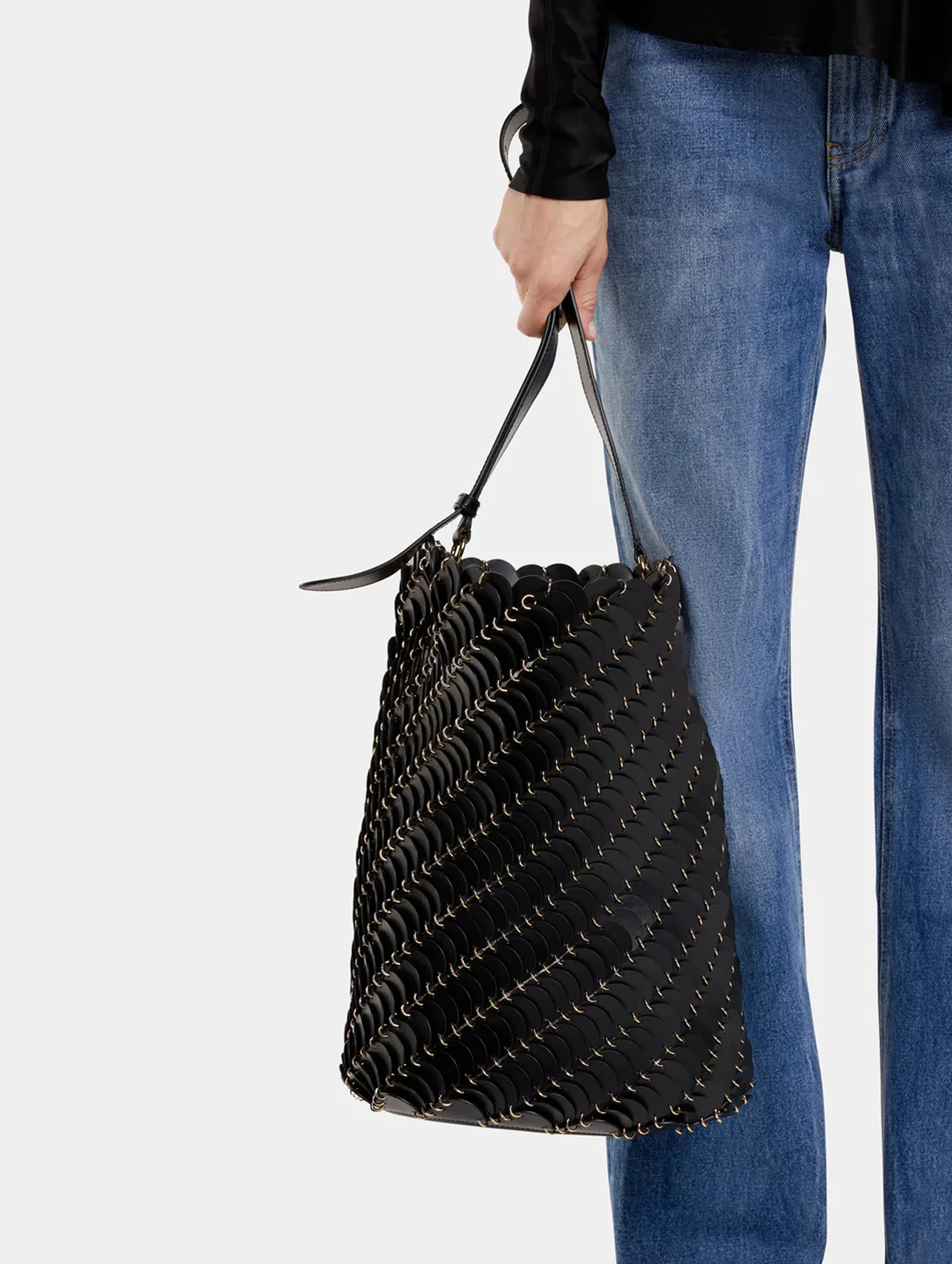 Paco Large Leather Bucket Bag in Black - Image 4