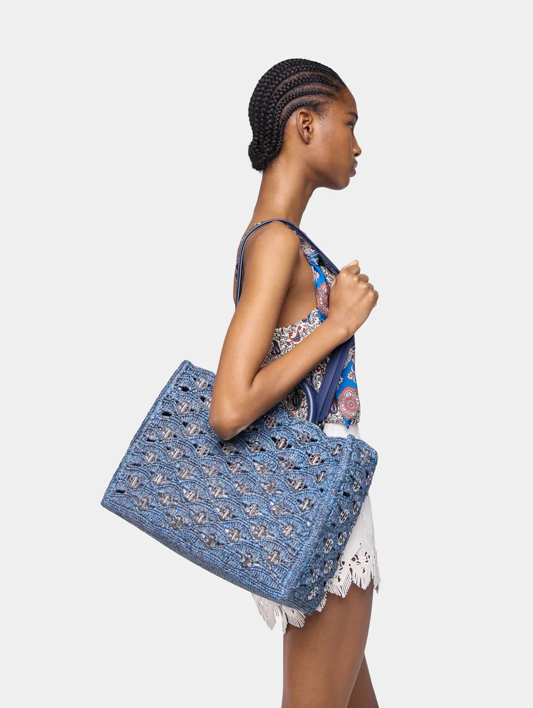Raffia Tote Bag in Denim - Image 3