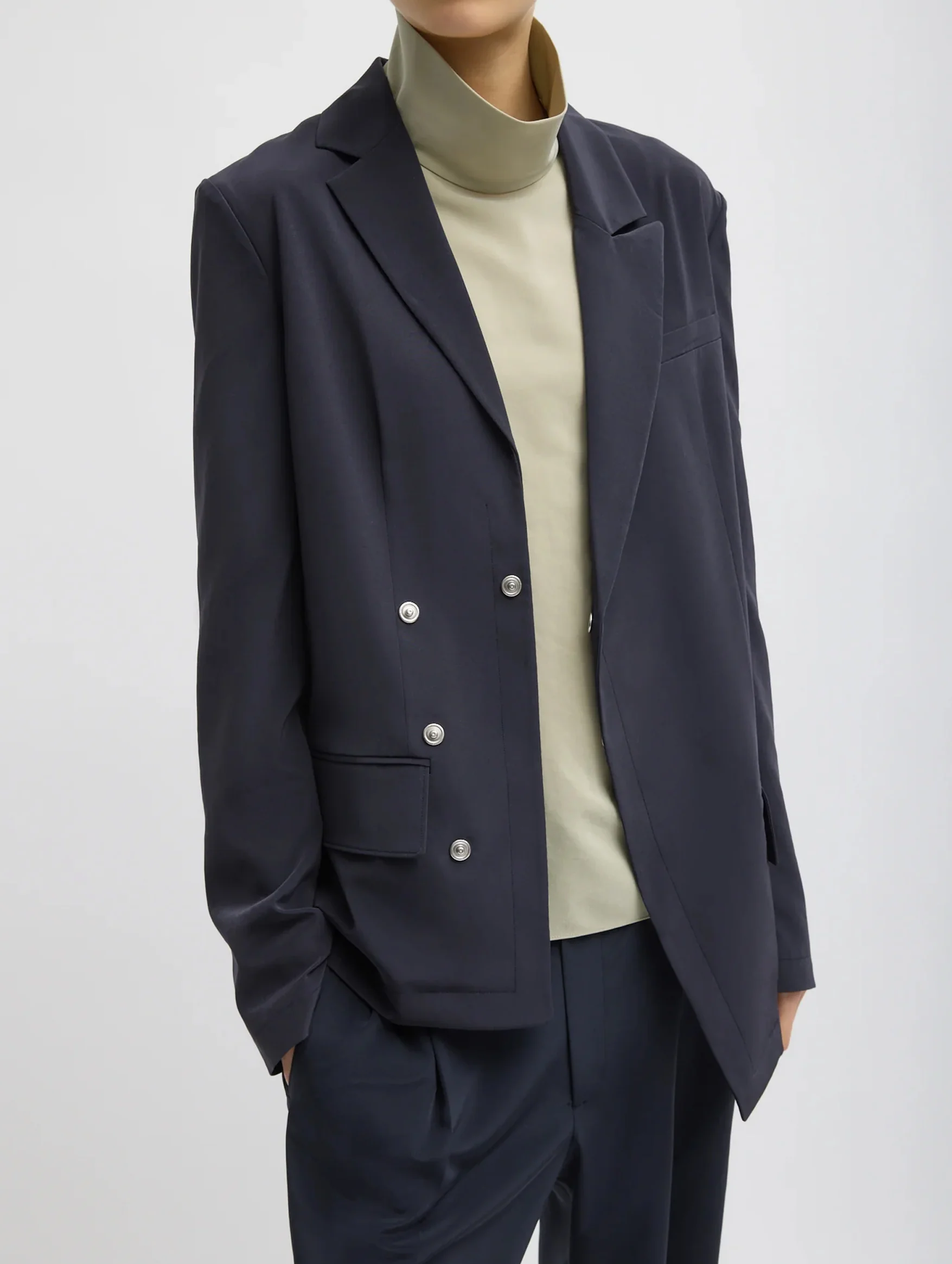 Relaxed Suiting Asymmetrical Wrap Blazer in Navy - Image 2
