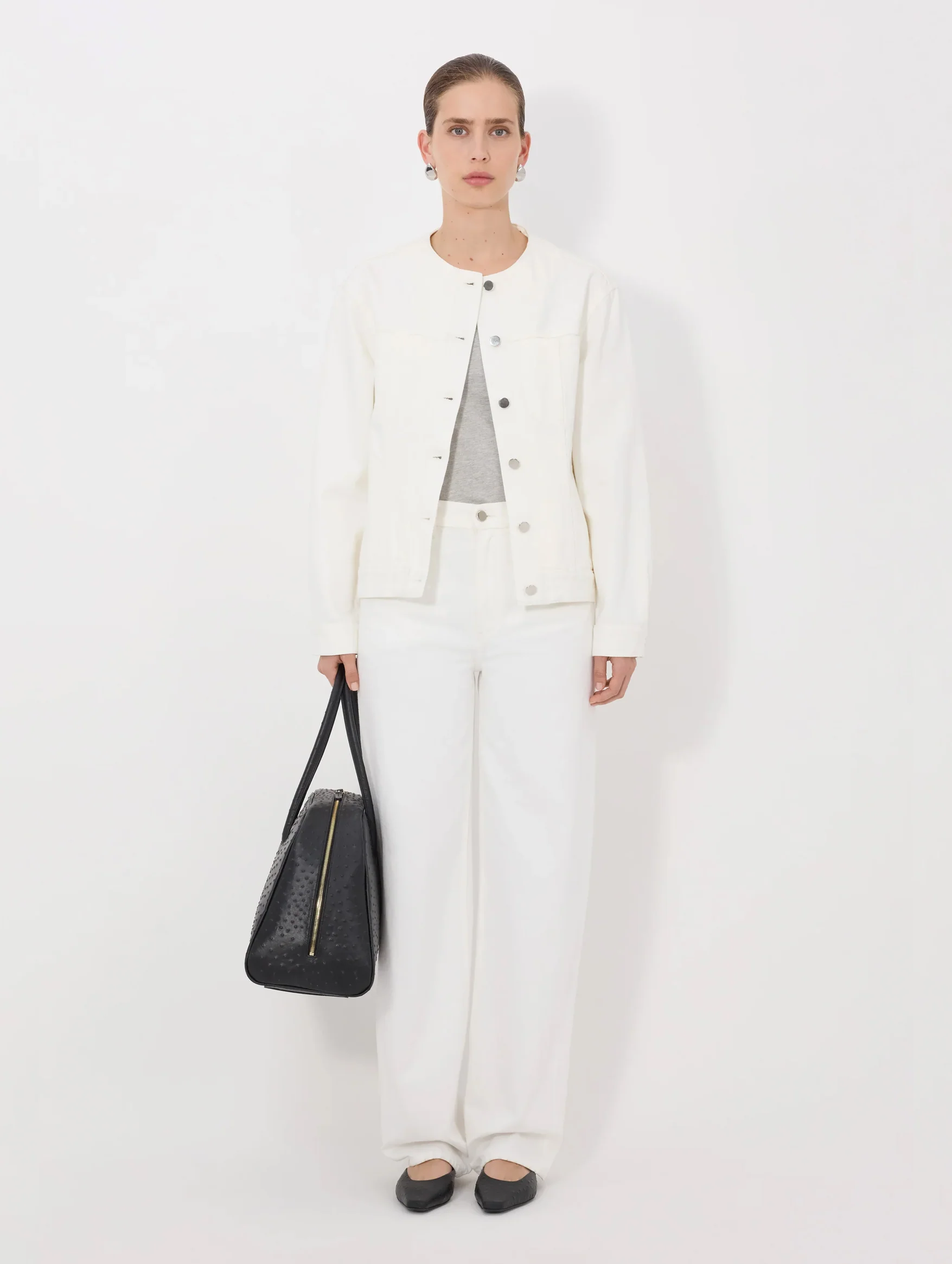 Rima Collarless Denim Jacket in Ivory - Image 2