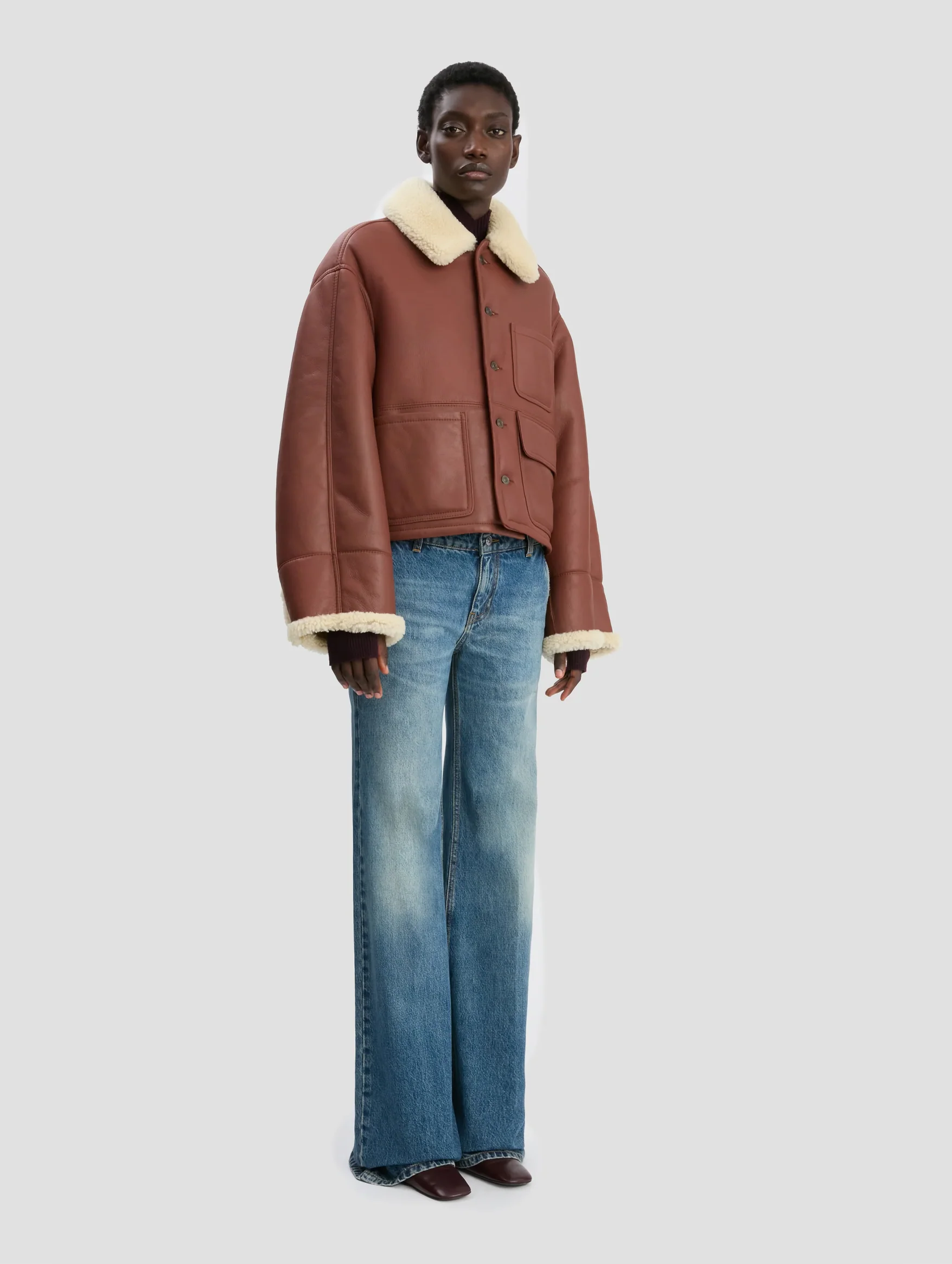 Shearling Workwear Jacket in Brown and Cream - Image 3