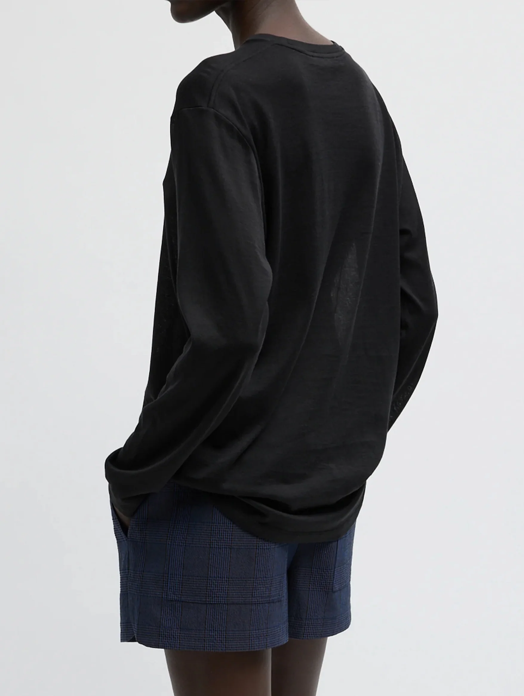 Sheer Crepe Knit Crewneck Unisex Long Sleeve T in Black - Image 2