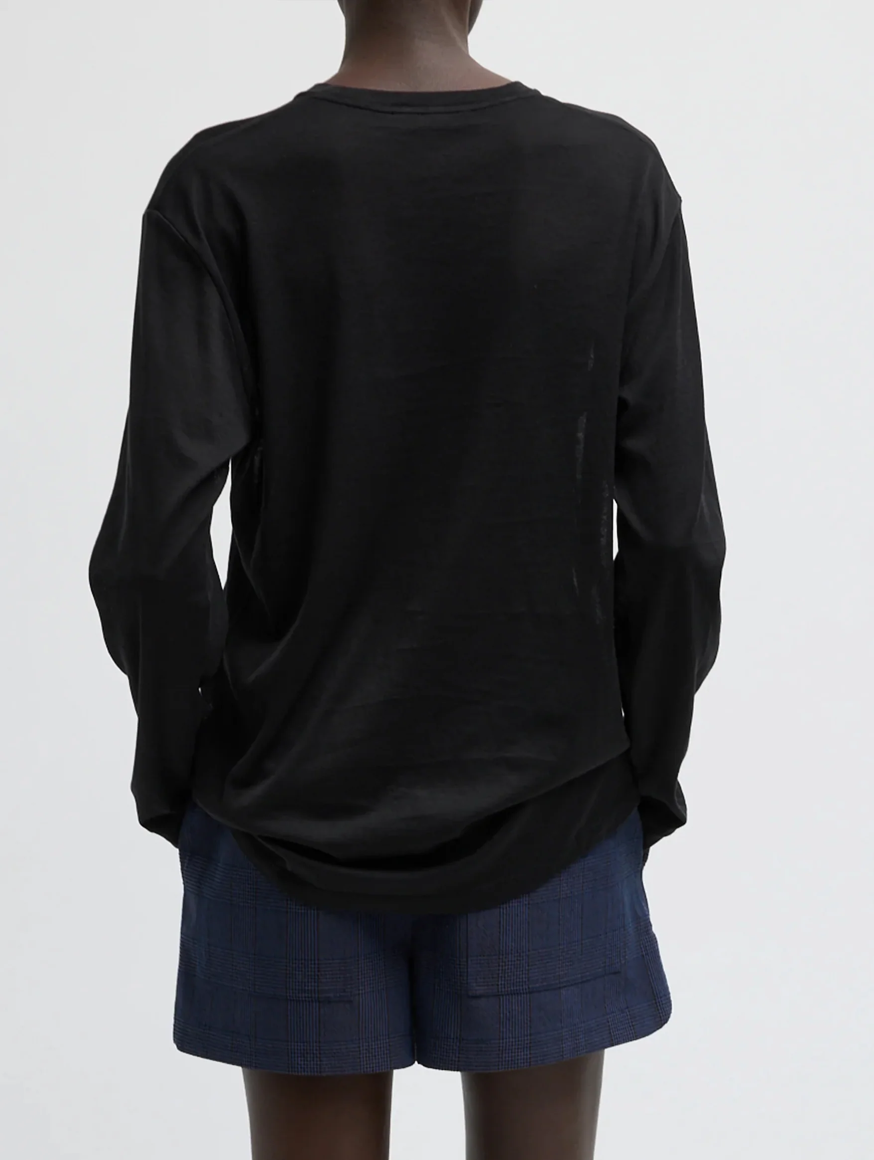 Sheer Crepe Knit Crewneck Unisex Long Sleeve T in Black - Image 3
