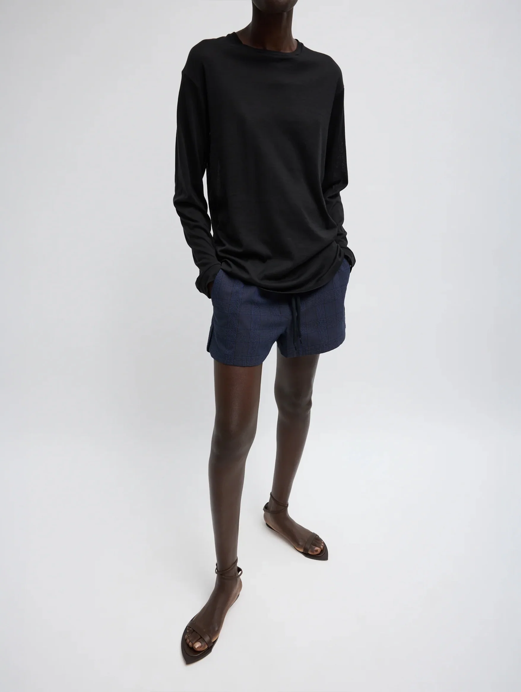 Sheer Crepe Knit Crewneck Unisex Long Sleeve T in Black - Image 4