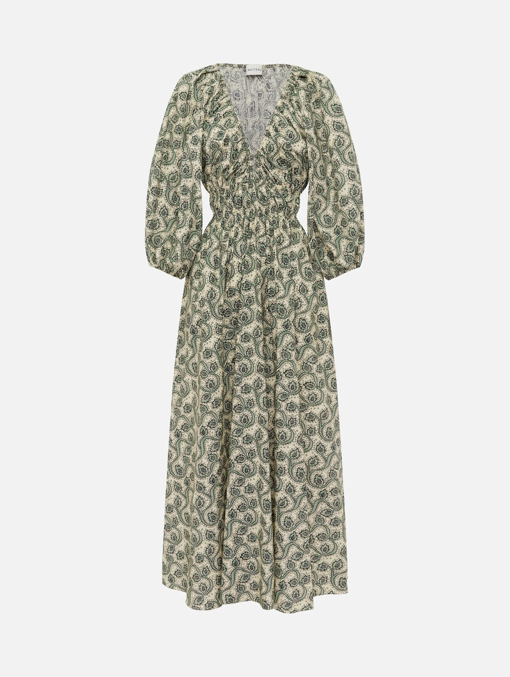 Shirred Plunge Button Dress in Vine