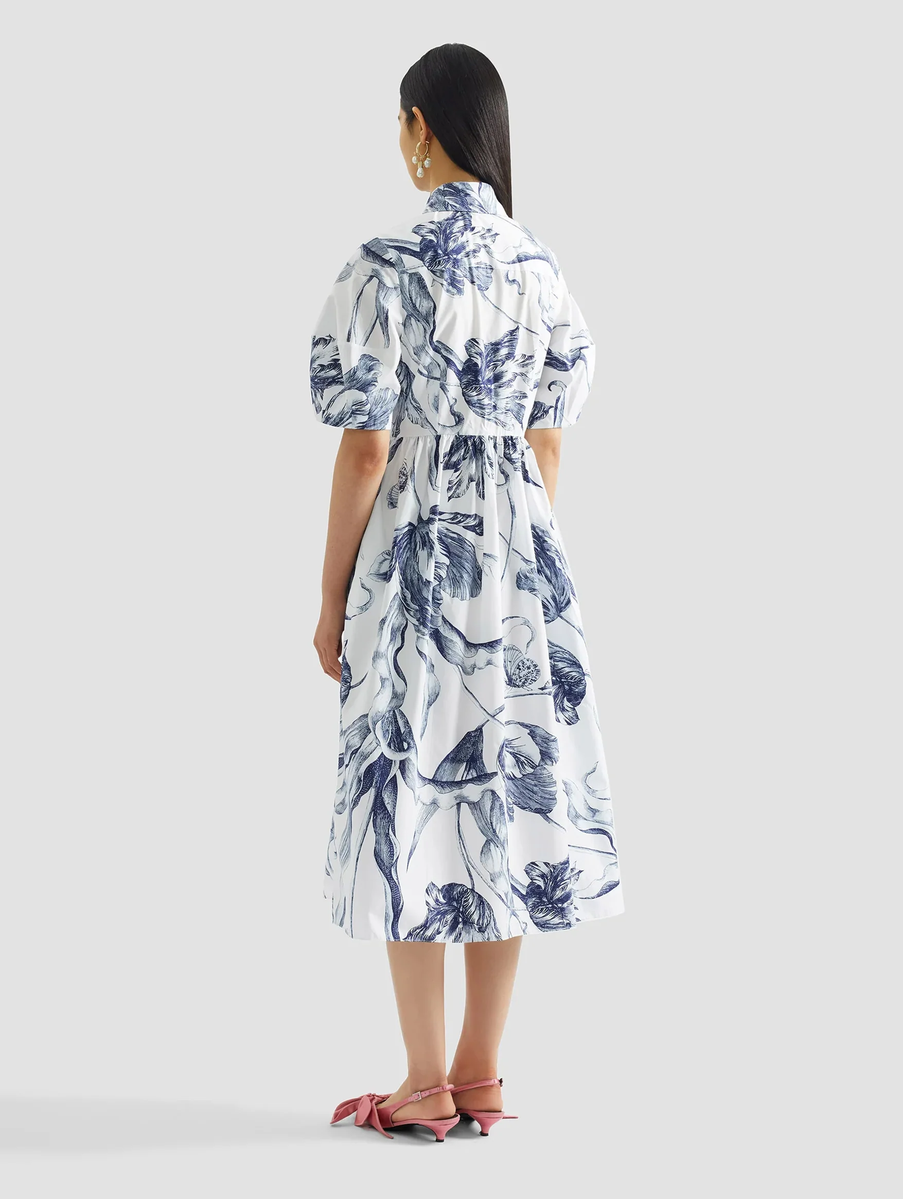 Short Sleeve Midi Shirt Dress in Botanical Engraving Ivory - Image 5