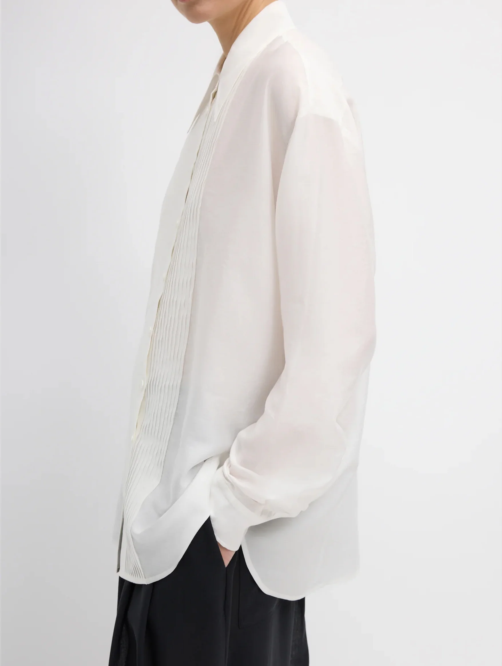 Silk Voile Easy Pintucked Shirt in Ivory - Image 2