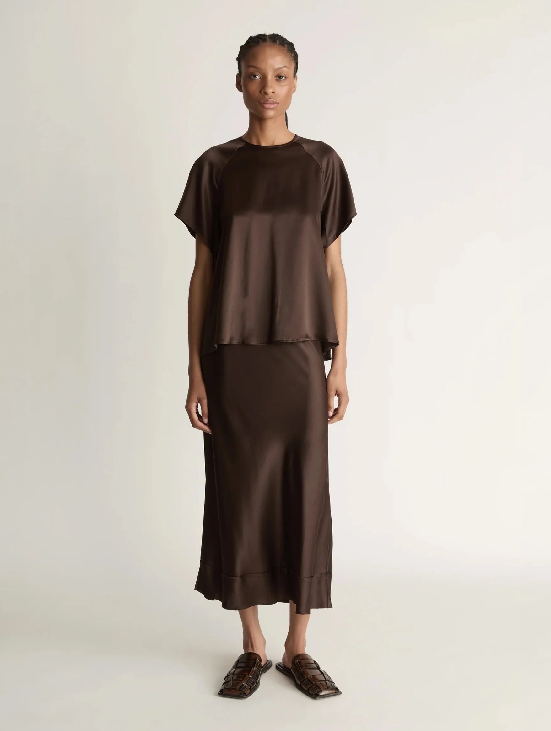 Stella Silk Satin Skirt in Chocolate