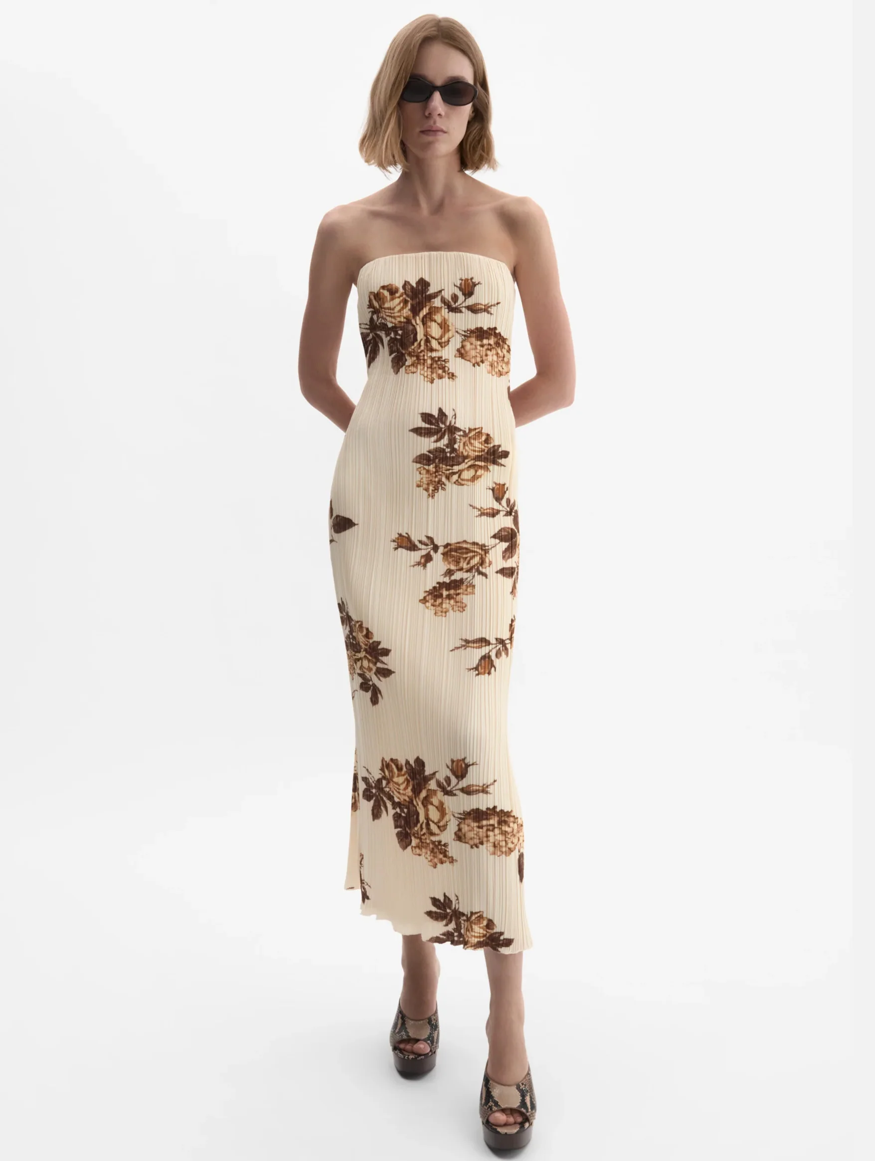 Strapless Floral Print Dress in Cream - Image 2