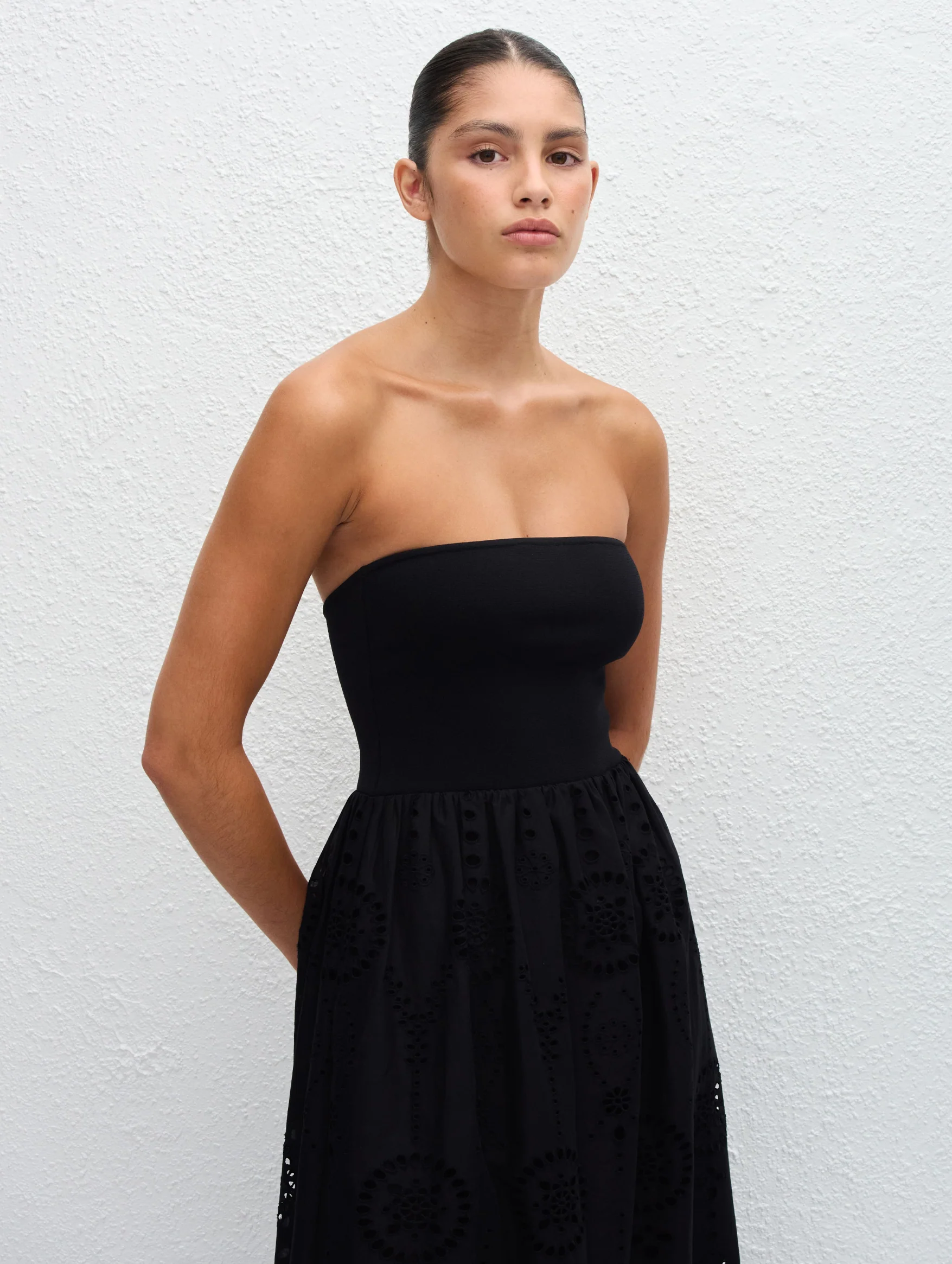 Strapless Knit and Broderie Dress in Black - Image 3