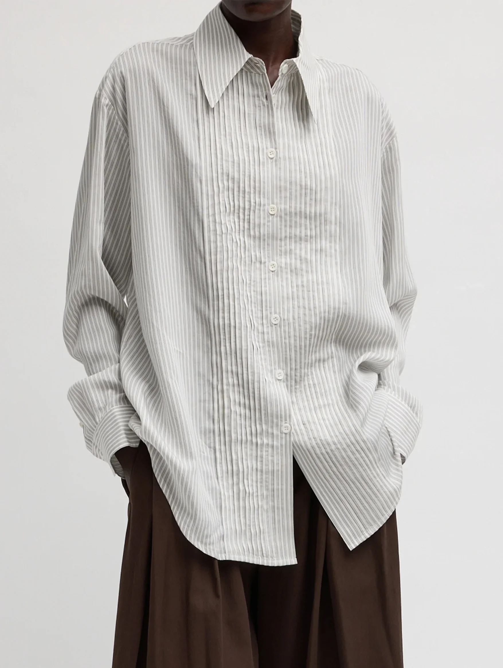 Ultra Light Silk Tencel Striped Pintucked Shirt in White Grey Multi - Image 2