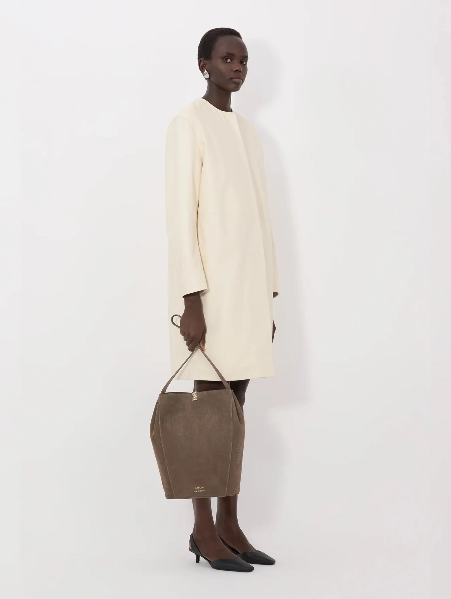 Yari Ostrich-effect Leather Coat in Ivory - Image 3